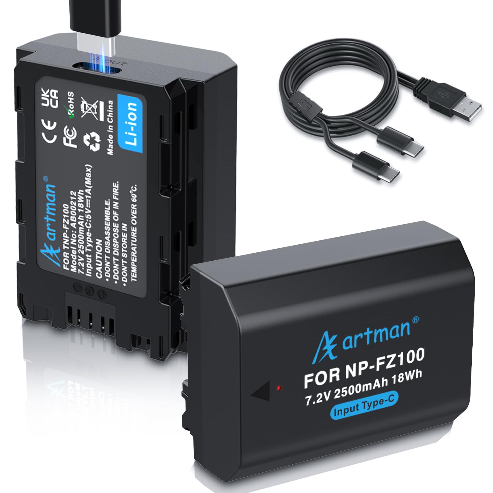 Artman 2 Pack Np Fz100 Battery 2500Mah With Type C Charging For Sony A7Iii A7Iv A9Iii Fx3 Fx30 Zv E1 A7C A6700 A6600 Alpha 9 Alp
