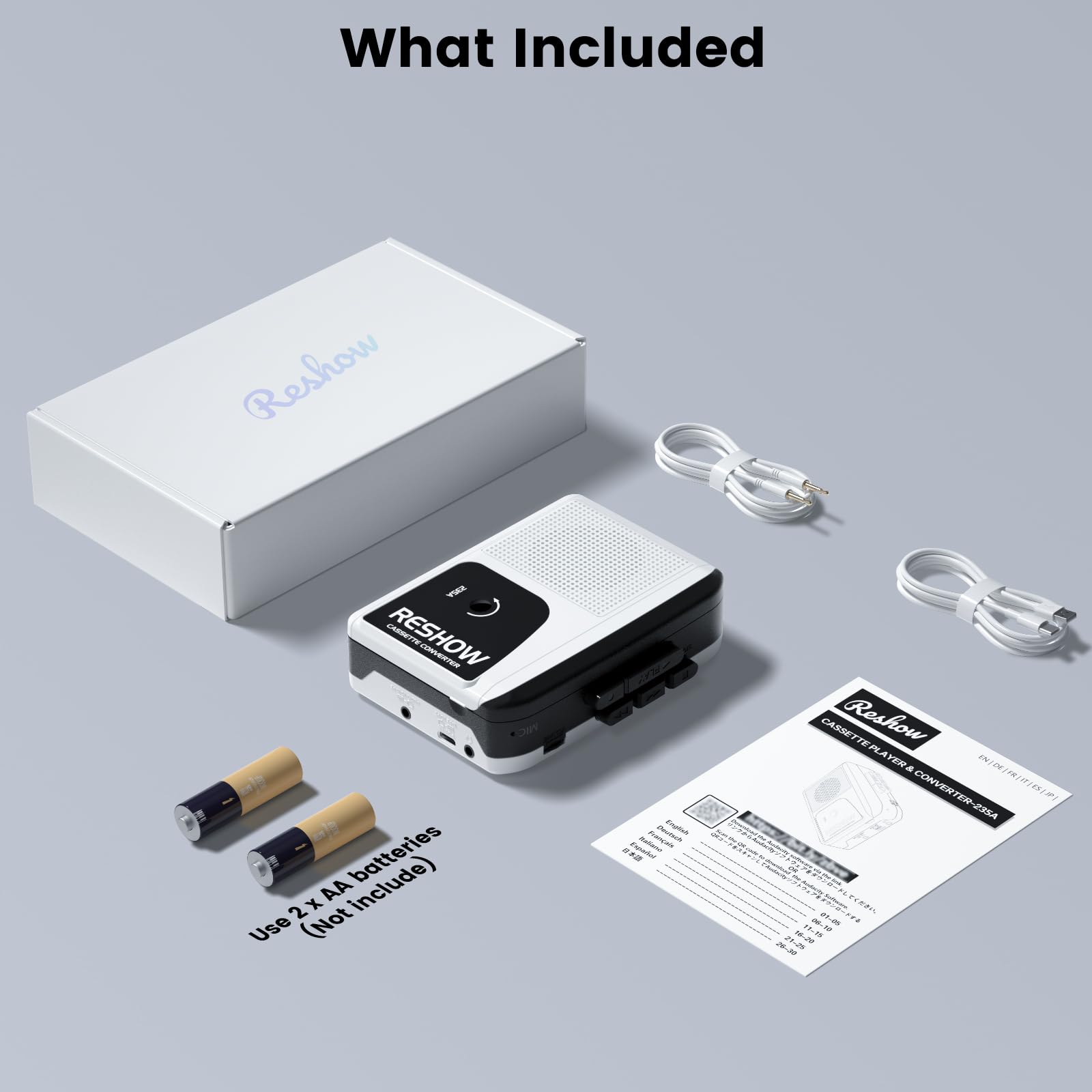 Reshow Portable Walkman Cassette Tape Player With Built In Speaker And Headphone Jack, Usb C Cassette To Mp3 Converter, Reverse Recording To Tape, Cassette Tape Recorder, Full Stereo Sound White