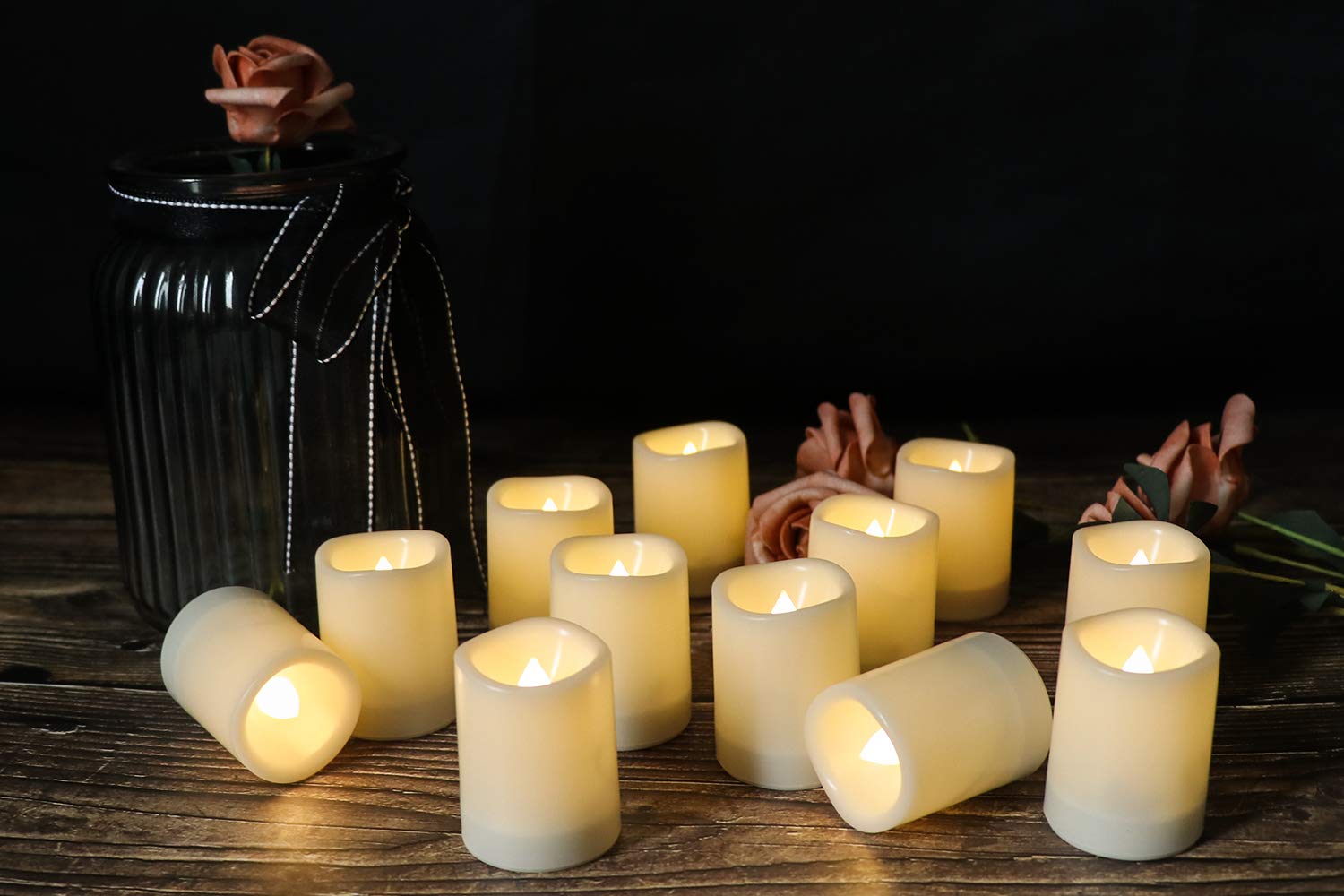 Dromance Outdoor Waterproof Flameless Votive Candles With Timer, Battery Operated Led Tealight Flickering Candles Warm Light Set