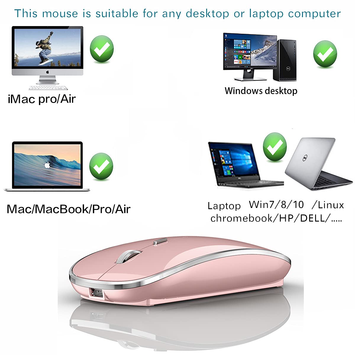 Wireless Mouse For Macbook Pro Macbook Air Mac Imac Desktop Computer Chromebook Win7/8/10 Pc Hp Dell Laptop (Rose Gold)