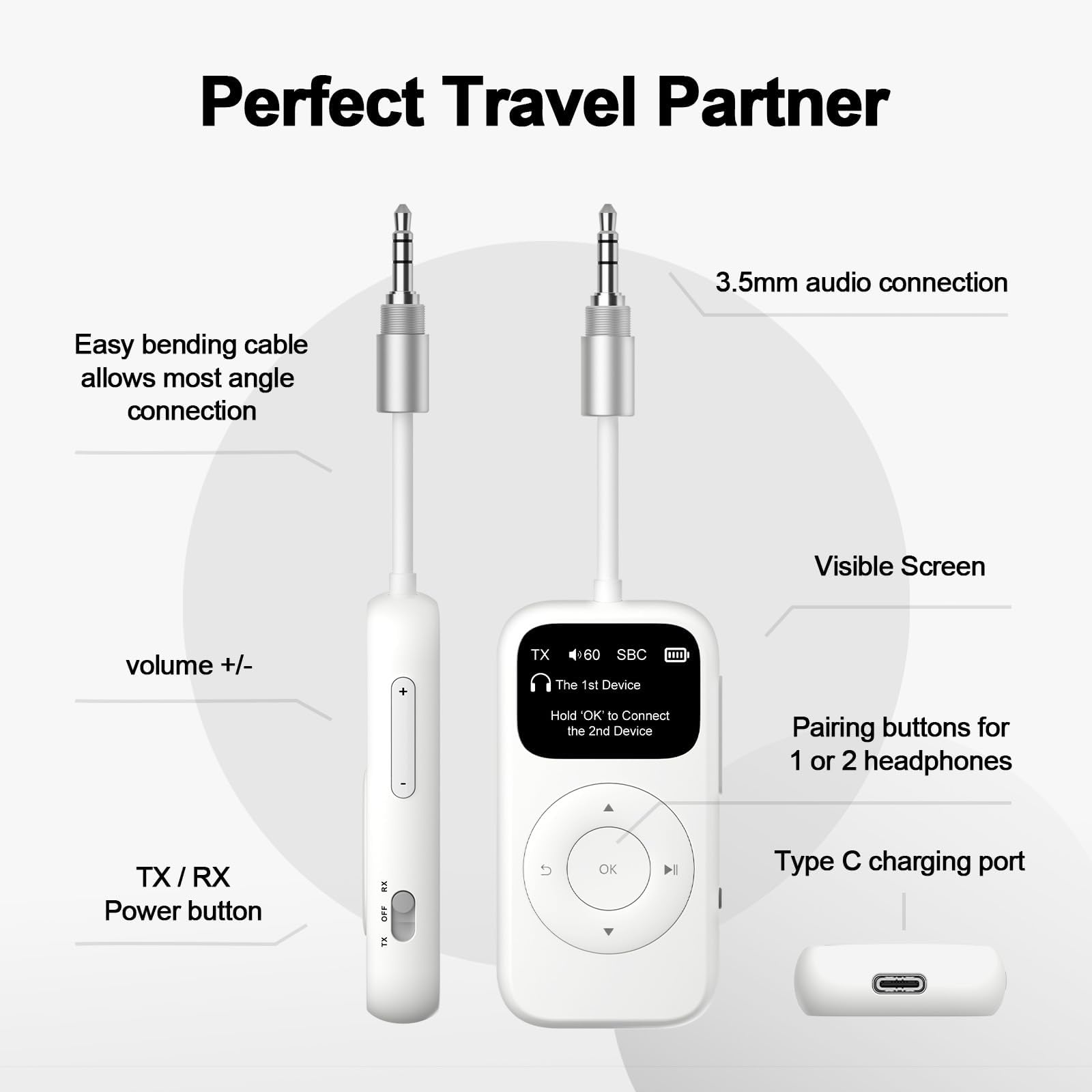 Soundsync Pro Bluetooth Transmitter & Receiver For Airplane, Easy Setup Bluetooth Audio Transceiver For 2 Bt Devices, Volume Con