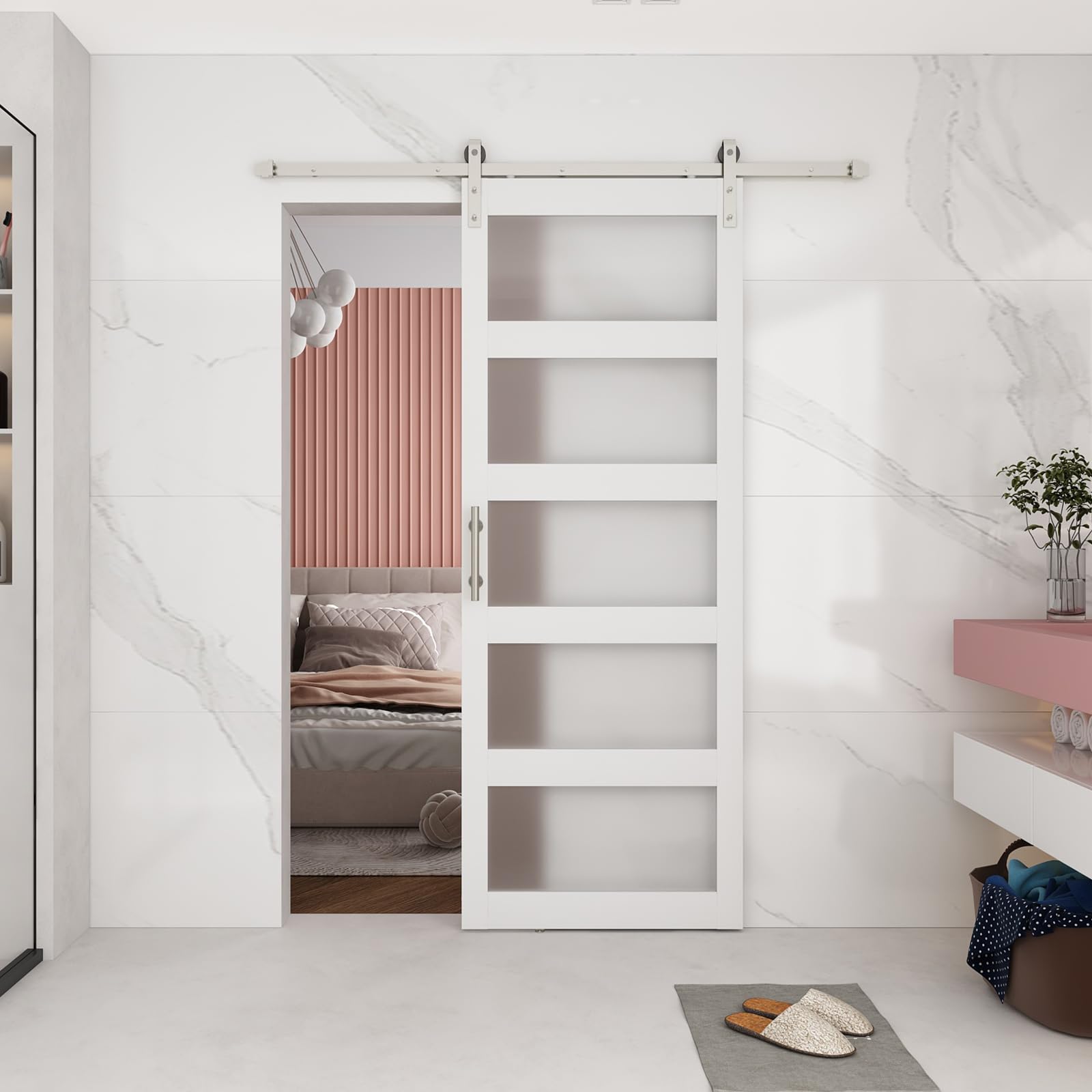 Barnsmith 36In X 96In Glass Barn Door And 6.6Ft Nickle Sliding Door Hardware Included, 5 Panel Frosted Glass, Solid Wood Covered