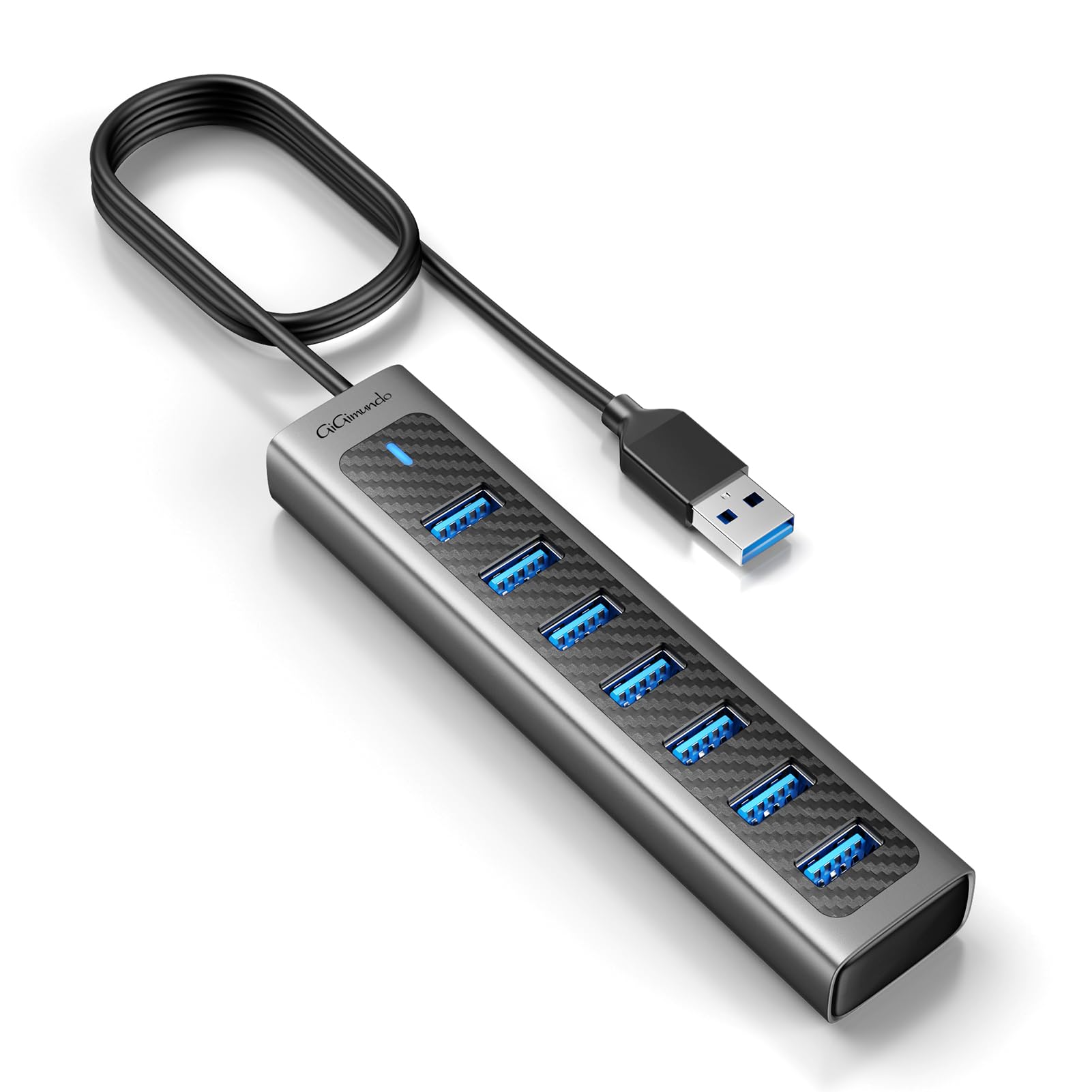 Gigimundo Gm7U 7 Port Usb 3.0 Hub, 3.3Ft Long Cable, Aluminum, High Speed, Multi Port Extender Hub, External Expansion Data Hub 