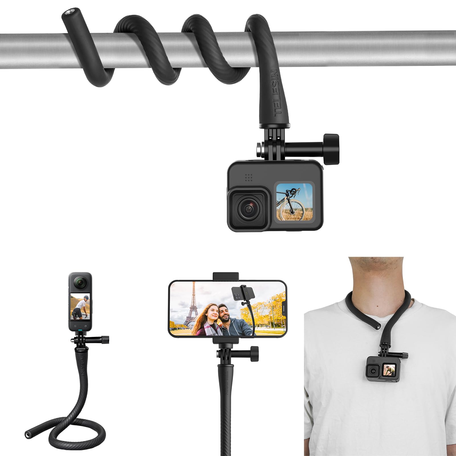 Reygeak Flexible Camera Mount Clamp Tripod Stand Stick Pole For Go Pro Hero13/12/11/10/9 Insta 360 X4/X3 Dji Pocket 3/Action 5/4/3,Monkey Tail Mount Neck Holder Bike Motorcycle Tube Bar Attach.