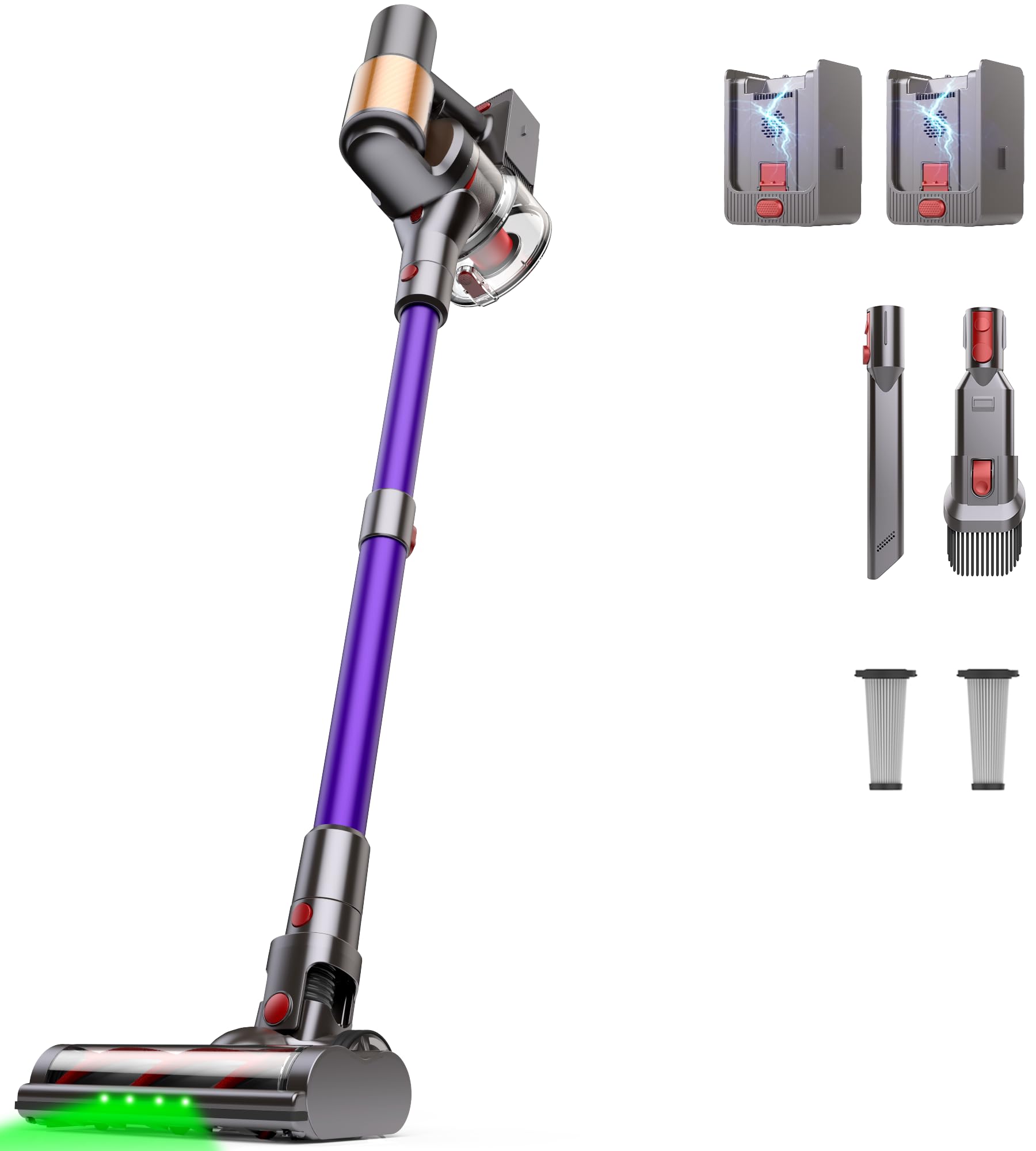 Snowkuna Cordless Vacuum Cleaner, 2 Batteries 120 Mins Runtime 45Kpa 550W, Stick Vacuum with Anti-Tangle Design, Self-Standing, 