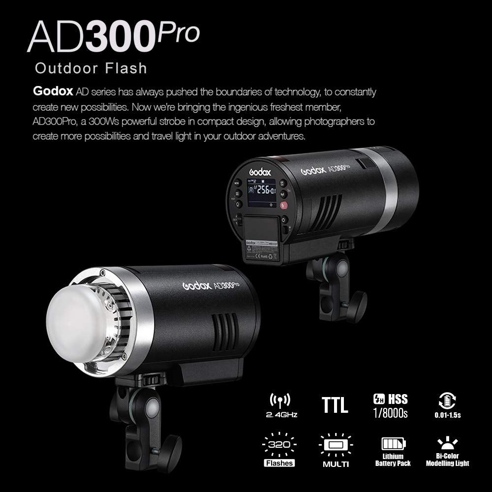 Godox Ad300Pro Ad300 Pro Strobe Light, 300W 2.4G Ttl Flash Strobe Monolight, 1/8000 Hss, 0.01 1.8S Recycle Time, 300 Full Power