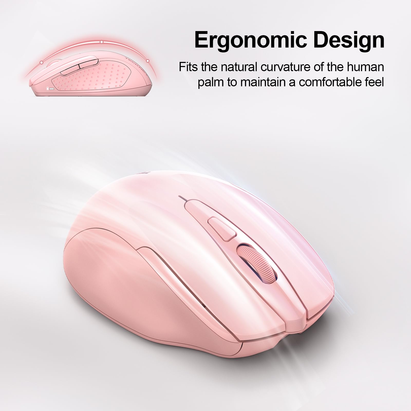 Tecknet Rechargeable Wireless Mouse, 2.4G Silent Mouse, Quiet Click, 6 Adjustable 4800 Dpi, Cordless Computer Mouse, Ergonomic Mouse For Laptop, 6 Buttons Usb A Mouse For Chromebook, Ergo Grip   Pink