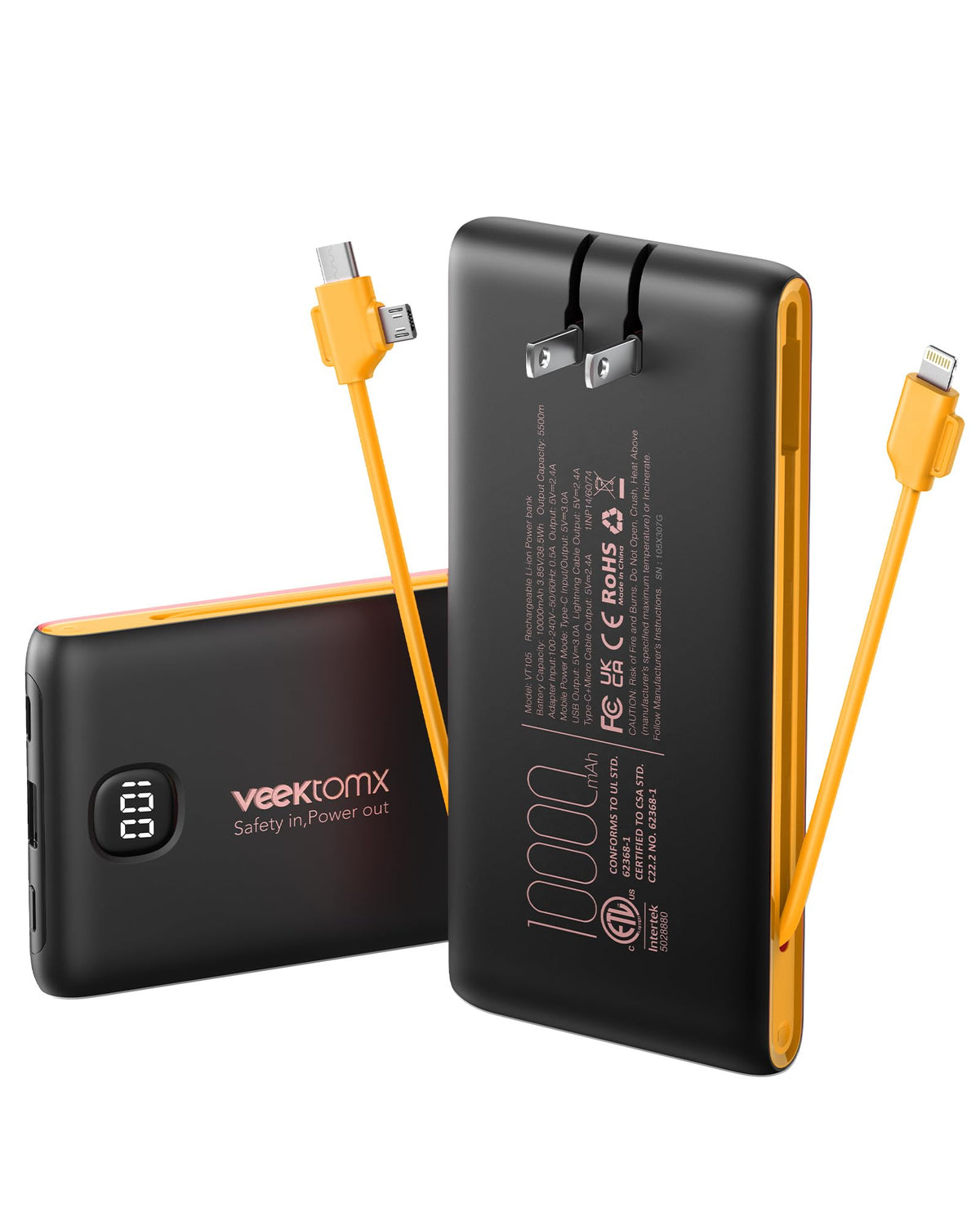 Portable Charger Power Bank Built in Cables and Wall Plug, 10000mAh Ph ...