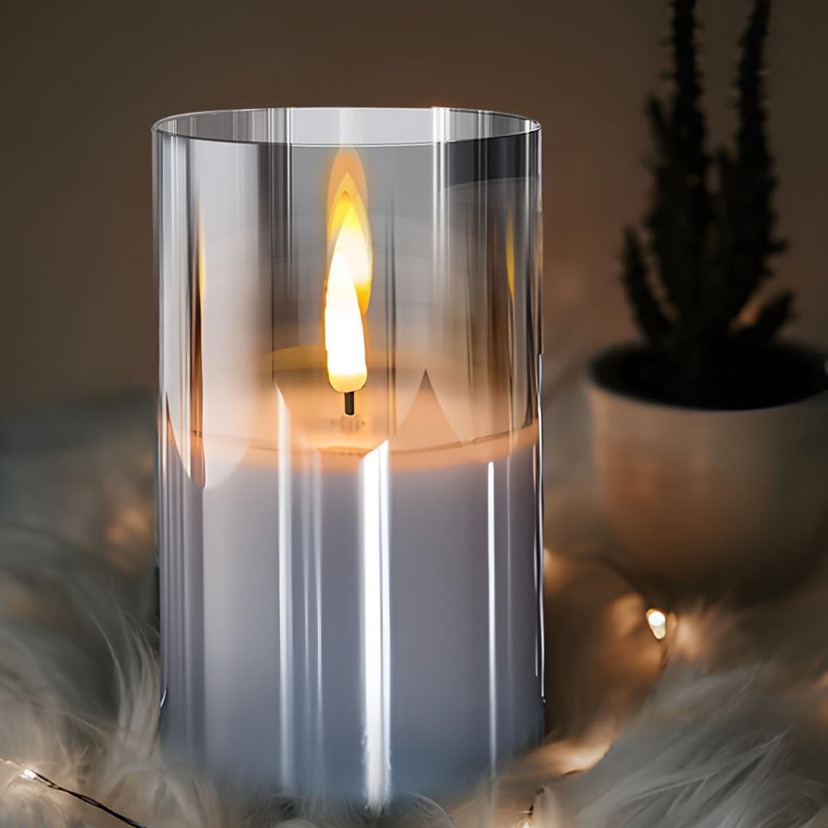 Gray Glass Flameless Candles Flickering With Remote, Timer, Battery Operated Moving Wick Realistic Warm Light Real Wax Led Candl