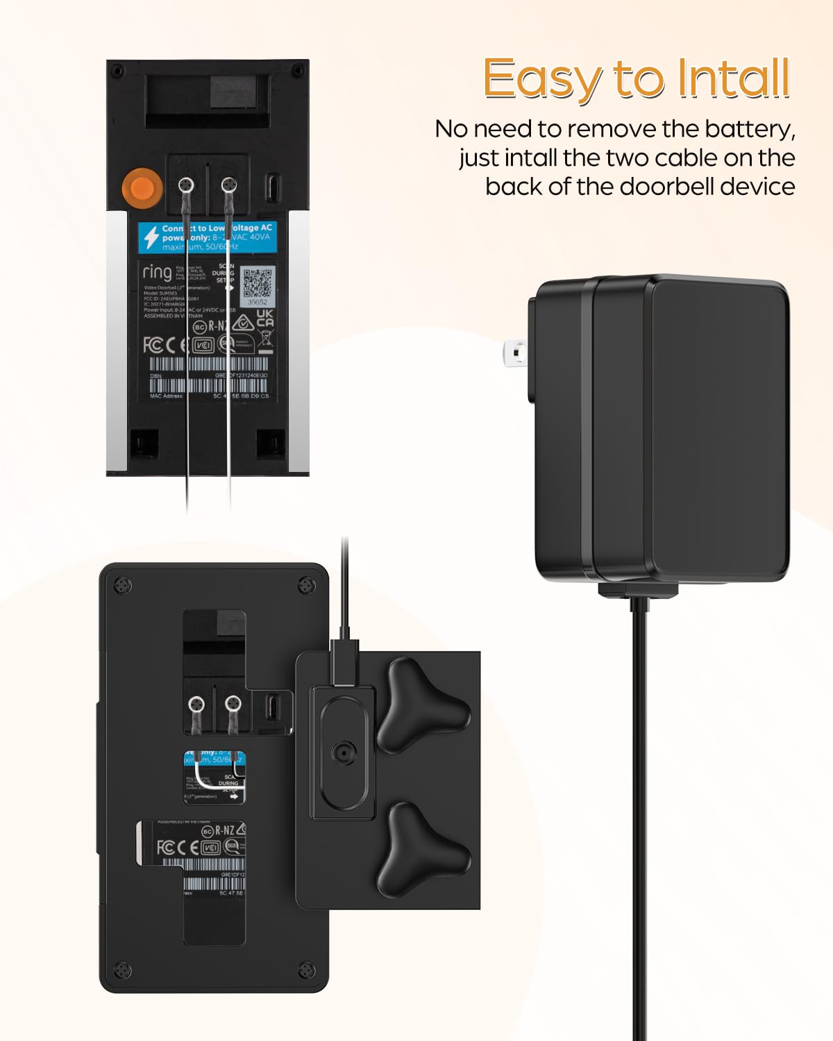 Doorbell Mount With Charging Plug, For Ring/Blink Wireless Video Doorbell, Compatible With Ring Doorbell 4/3/2/1, No Drill Anti