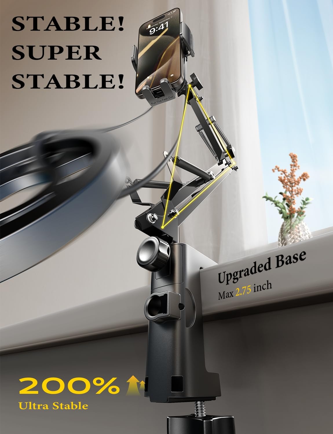 LISEN Gooseneck Phone Holder for Bed & Desk, Flexible Arm Clamp Stand, Black, Ideal for Filming & Recording, 3rd Upgrade Model