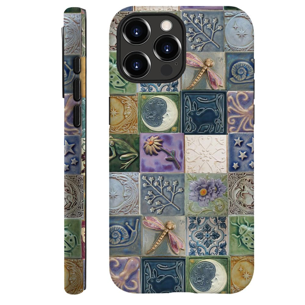 Piodaidy Compatible with iPhone 14 Pro Max,Durable & Shockproof Phone Case Cover Design - Tiles Pattern Moon Dragonfly Flower