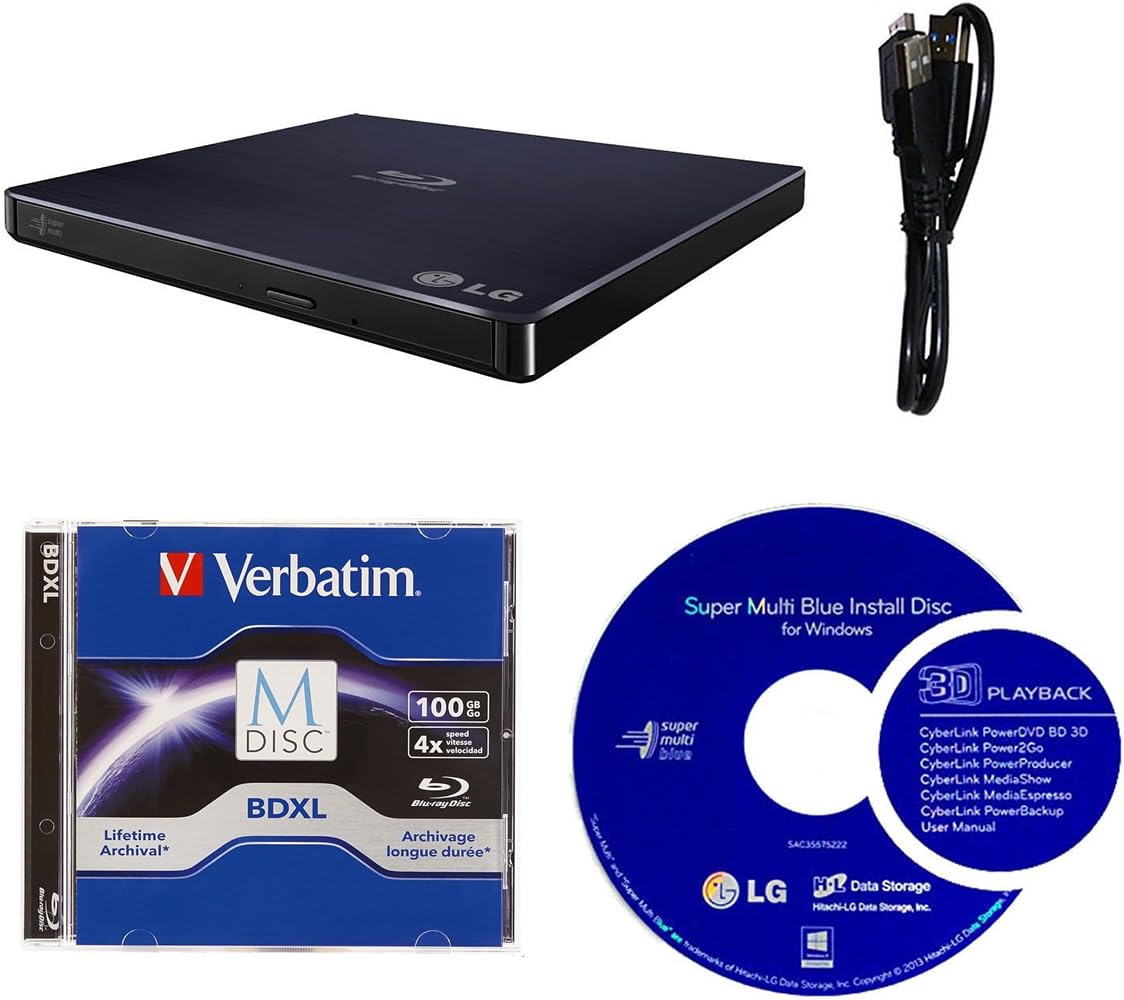 Lg 6X Wp50Nb40 Ultra Slim Portable Blu Ray Burner Bundle With 100Gb Bdxl Disc And Cyberlink Burning Software