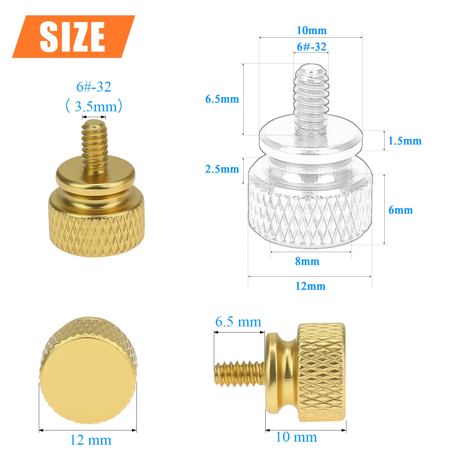 Helifouner 20 Pieces 6 32 Thread, Gold Color Anodized Aluminum Computer Case Thumbscrews, Thumb Screws For Computer Case/Cover/P