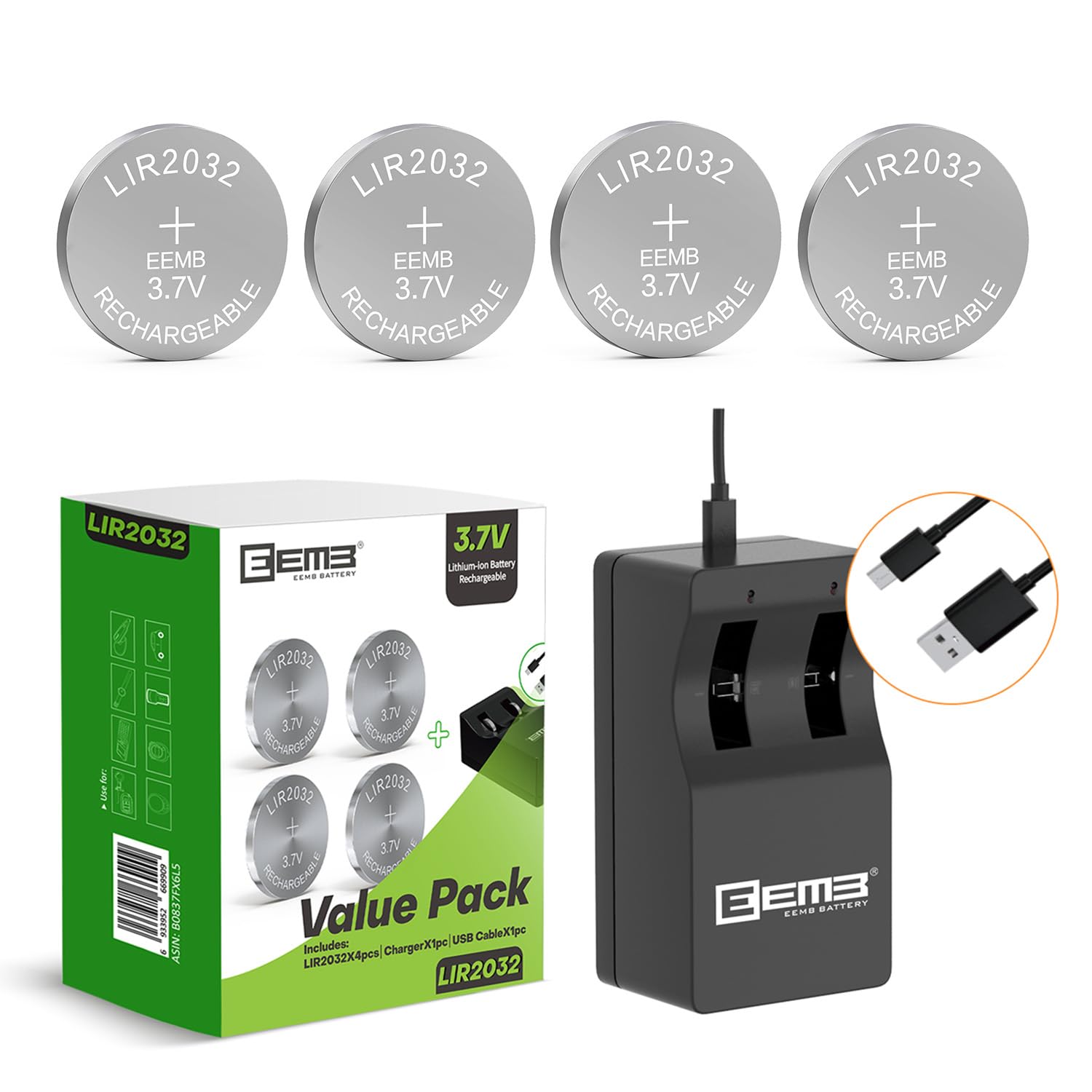 EEMB 2032 Rechargeable Batteries with Charger LIR2032 3.7V Lithium-ion Coin Button Cell Batteries 45mAh Remote Key Fob Watch 4PC