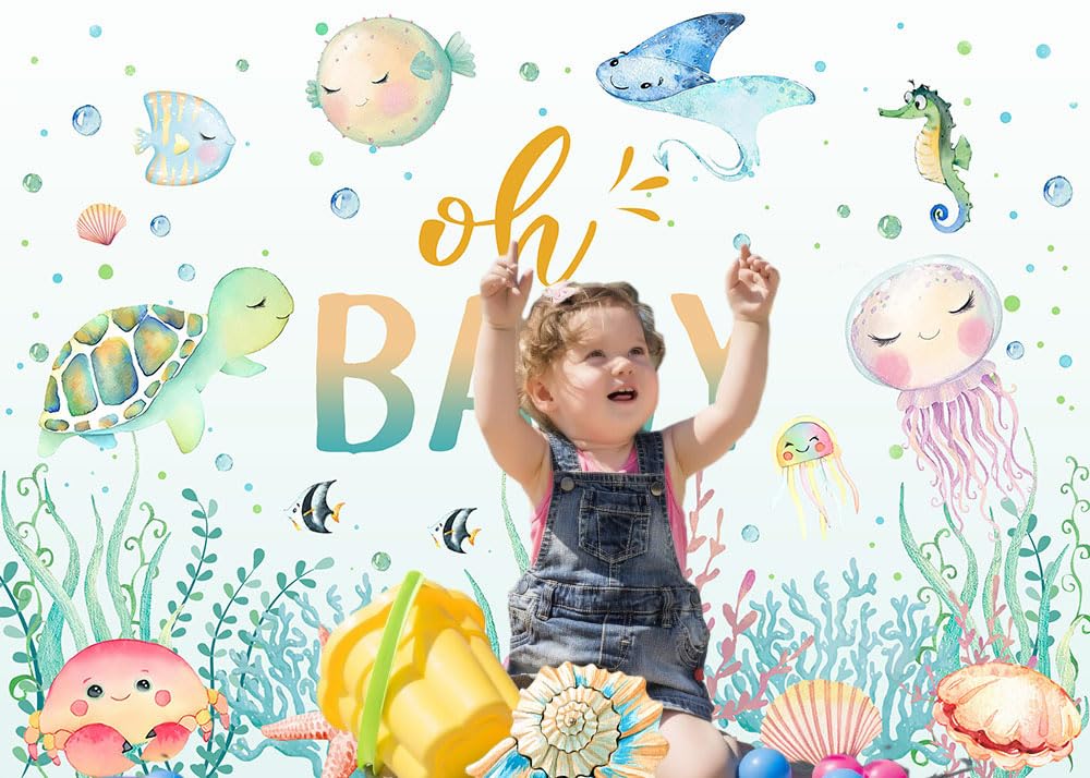 Avezano Ocean Sea Life 7X5Ft Baby Shower Backdrop, Cotton Material, Green, Underwater World Party Decorations