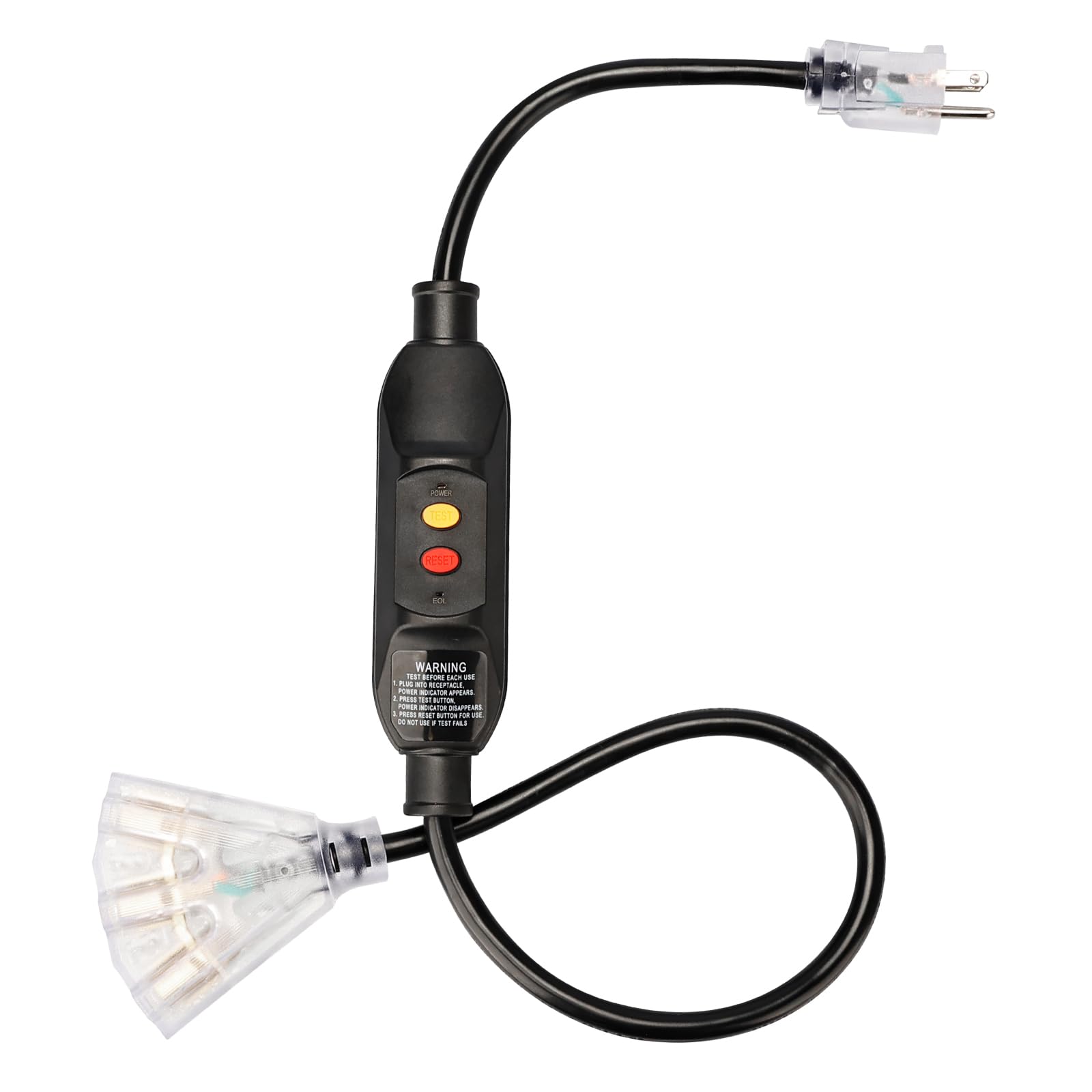 Plugtul 3Ft Gfci Extension Cord With 3 Outlet, Auto Reset, 12/3 Outdoor Extension Cord With Lighted End, Sjtw, Etl Listed, Black