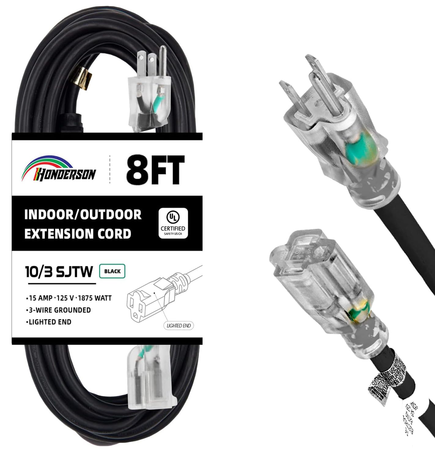 Honderson Indoor Outdoor Extension Cord Weatherproof With Lighted End, Ul Listed, 10 Gauge 8Ft Black 3 Prong Heavy Duty Extensio