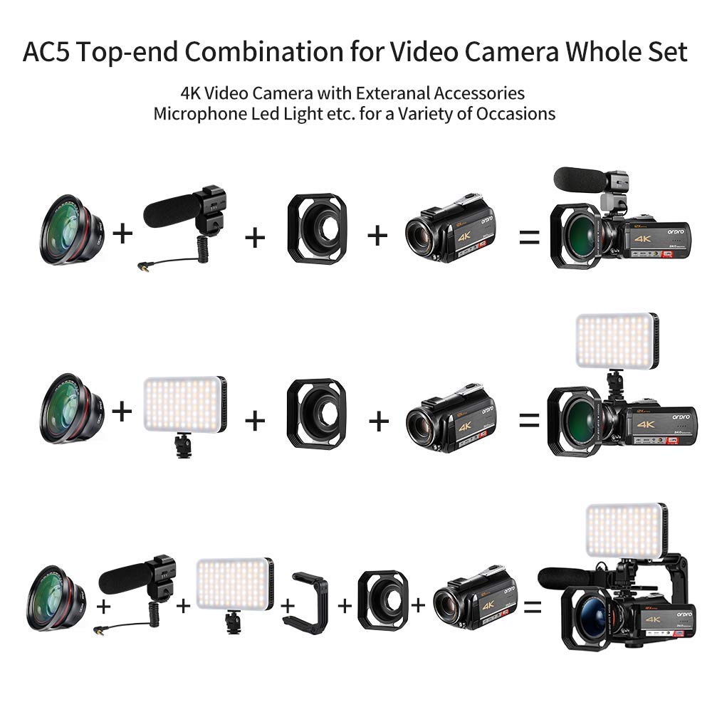 Ordro 4K Video Camera Camcorder Ac5 Uhd Camcorder With 12X Optical Zoom 3.1'' Ips Hd 1080P 60Fps Digital Wifi Vlog Camera Camcor