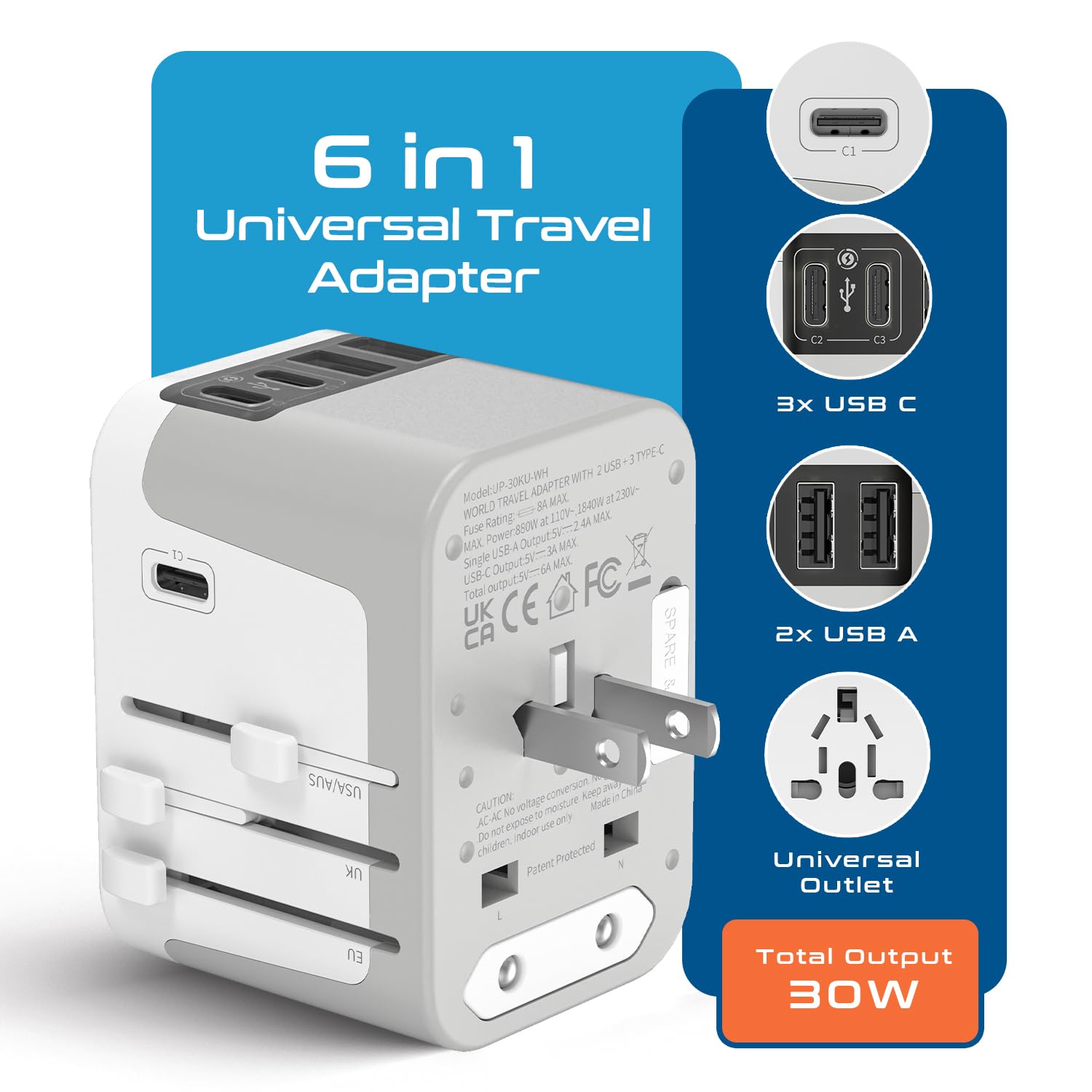 Ceptics 6 In 1 Universal Travel Adapter, Universal Outlet W/ 2X Usb A And 3X Usb C 6A, Travel Power Adapter For Use In Eu, Uk, U