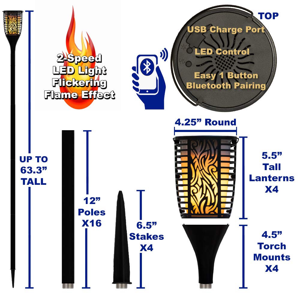 Theater Solutions Tt100 Fully Wireless 240 Watt Rechargeable Battery Bluetooth Tiki Torch Speaker 4 Pack Lanterns Link Up To 99