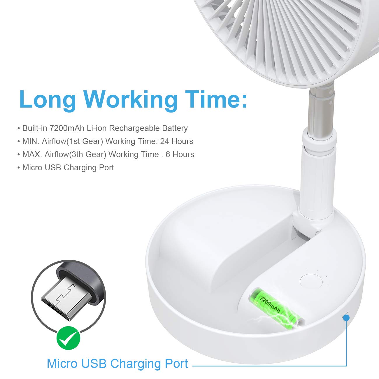 Portable Fan Rechargeable, Pedestal Fan Foldaway Standing Fan Desk And Floor Fan Wireless With 7200Mah Battery Operated Standing