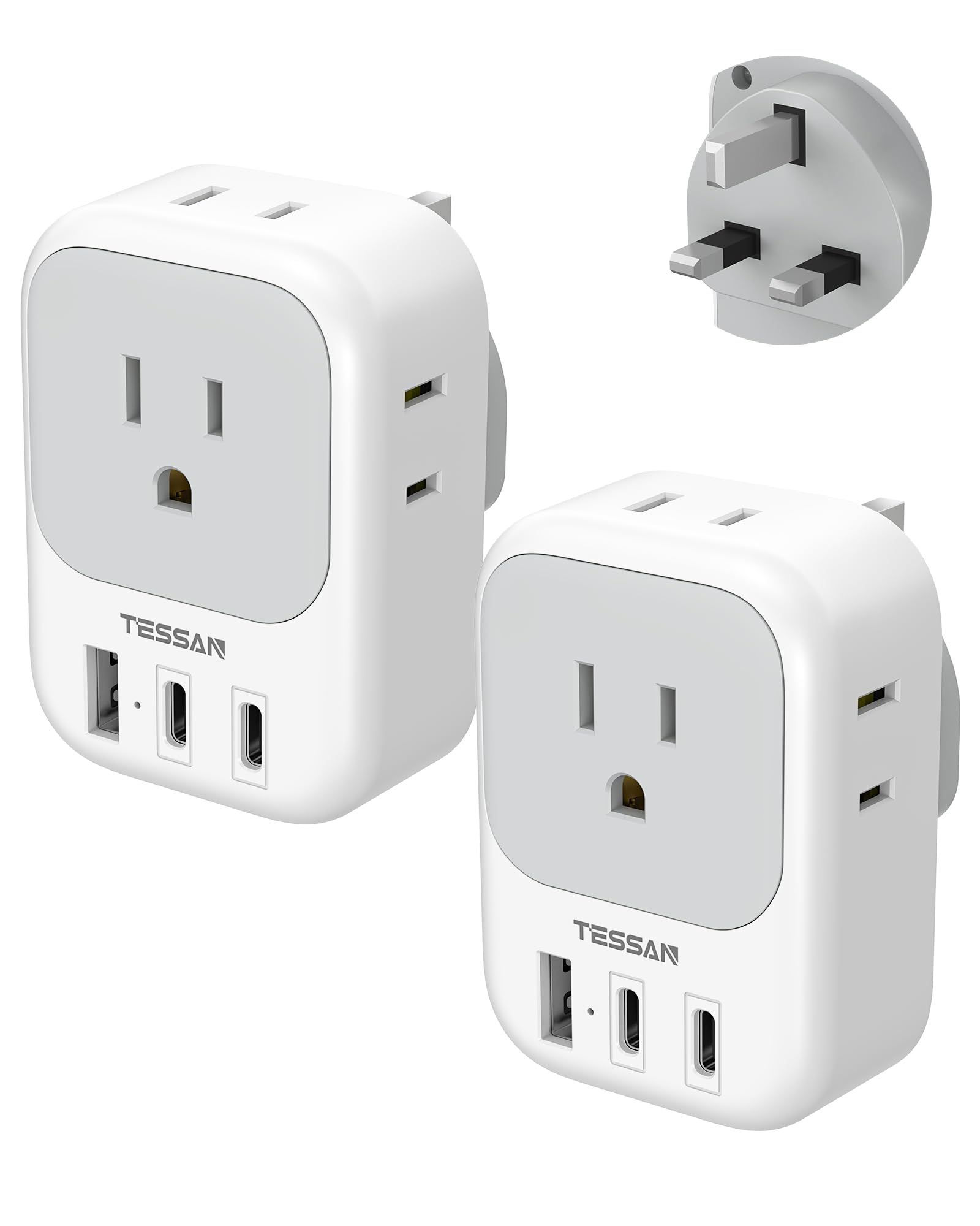 Us To Uk Plug Adapter 2 Pack, Tessan Type G Adapter For Travel With 4 Outlets 3 Usb (2 Usb C), Power Adaptor For Us To Uk Irelan