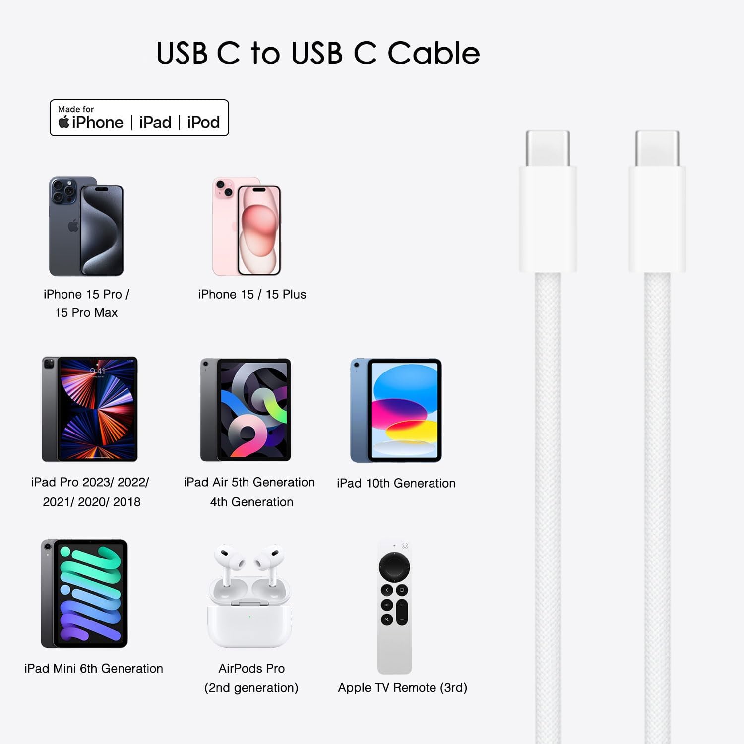 Iphone 15 Woven Usb C To Usb C Cable For Iphone 15 15 Pro Max 15 Plus Cable, Airpods Pro (2Nd Generation), Ipad 10Th Gen Ipad Pr