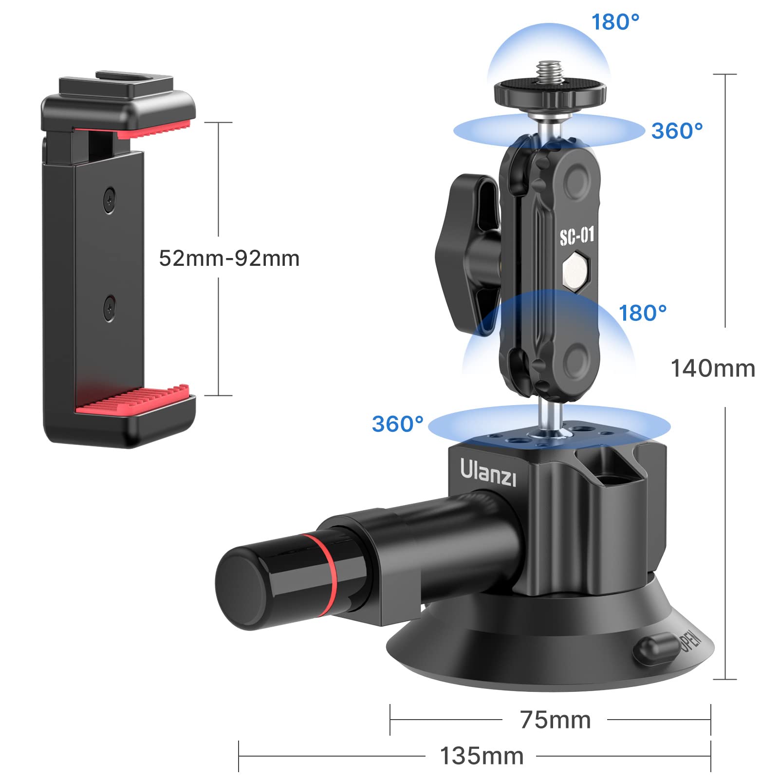 Uurig Sc-01 Suction Mount 3 For Vlogging Action Camera Car Mount W Smartphone Clamp For Iphone 14 13 Pro Max, 1/4 Magic Arm Adap