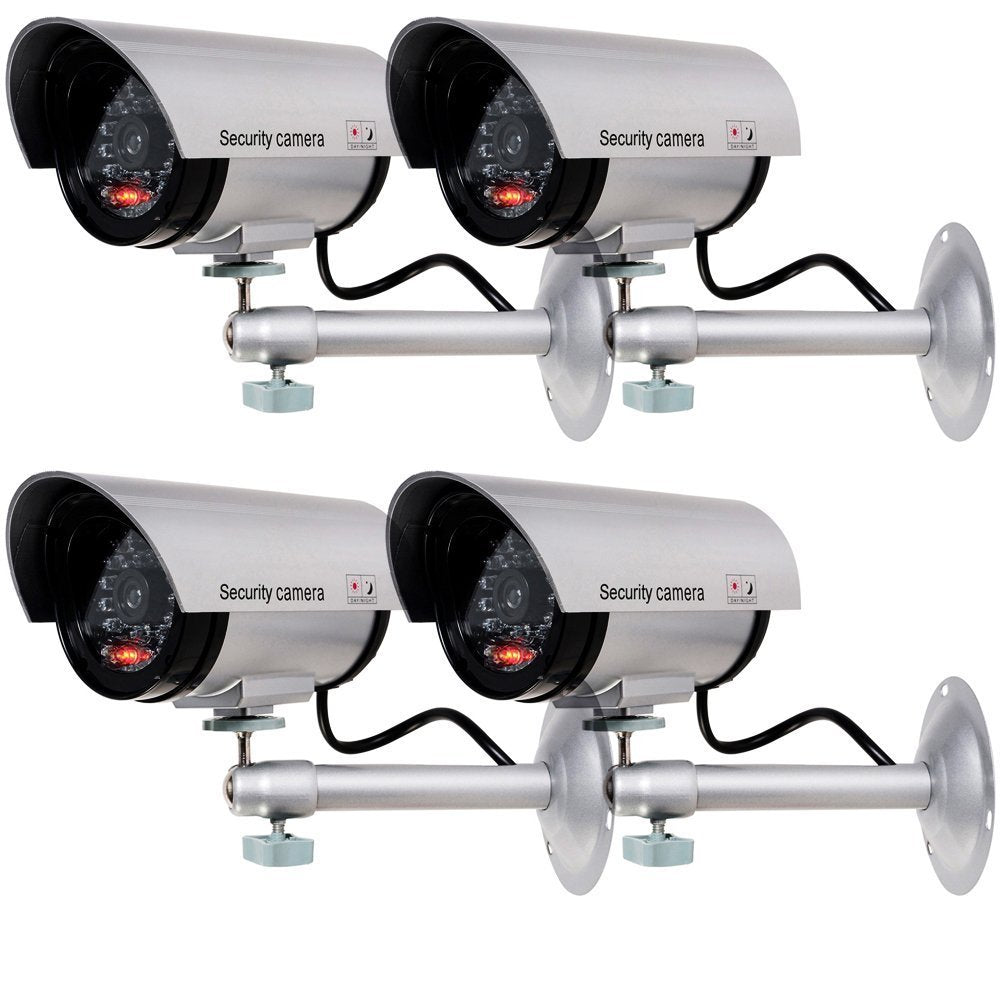 WALI Bullet Dummy Fake Security Camera, Dummy Cameras with Realistic Red LED Light for Outdoor Indoor, Fake Surveillance Security CCTV with Security Alert Sticker Decals (TC S4), 4 Packs, Silver