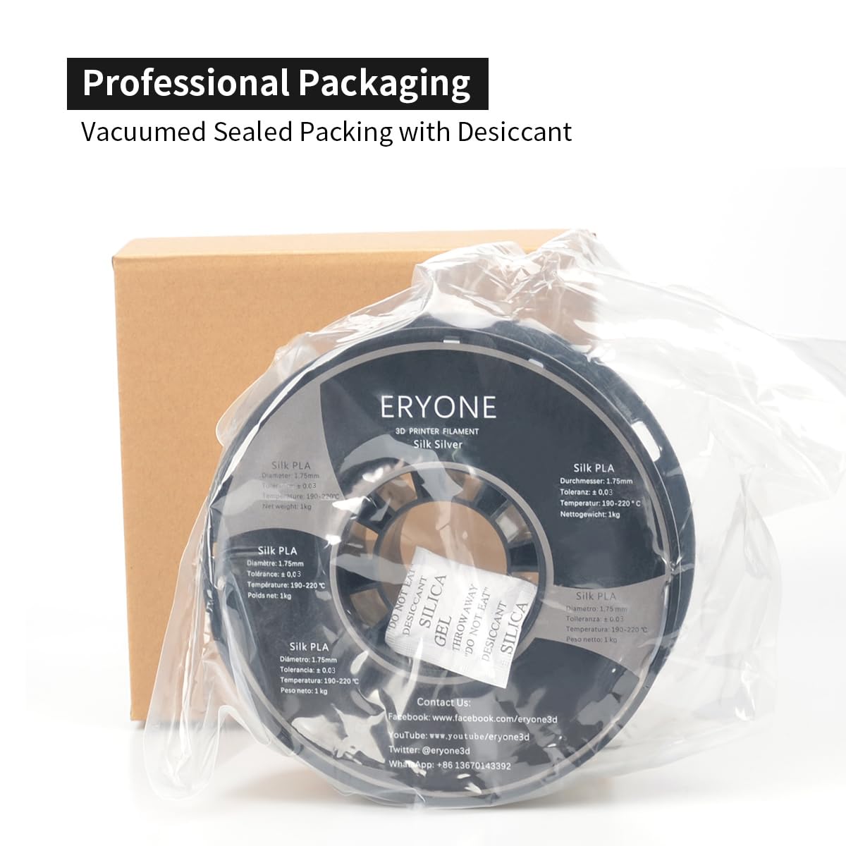 Eryone Silk Pla Filament For 3D Printer, 1.75Mm +/- 0.03Mm, 1Kg (2.1Lbs)/Spool, Silk Silver