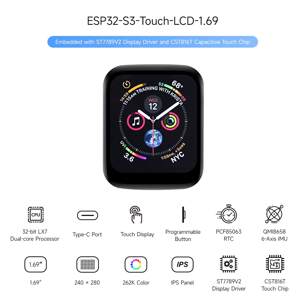 Waveshare Esp32 S3 1.69Inch Touch Display Development Board, 240  280 Pixels, Micro Lcd Display With Esp32 S3, 262K Color, Compa