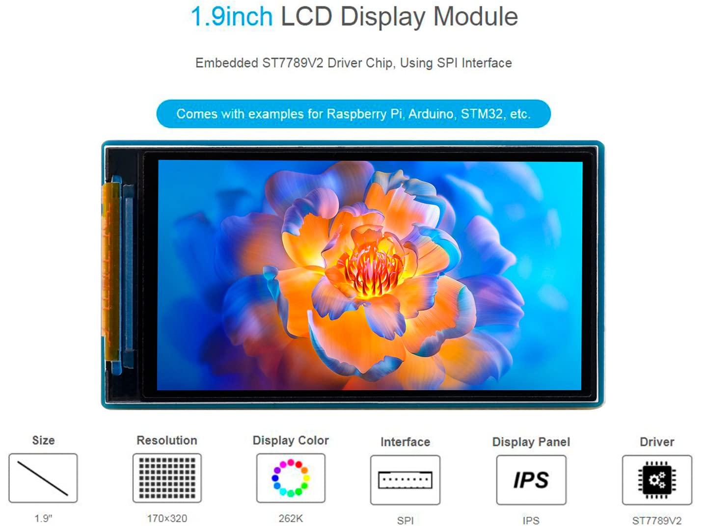 Waveshare 1.9Inch Lcd Display Module 170  320 Resolution Screen, 262K Rgb Display Color Spi Interface St7789V2 Driver, Compatibl