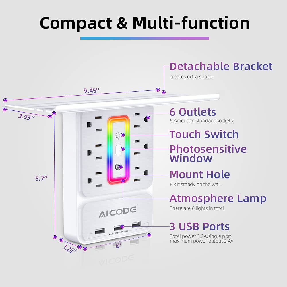 Aicode Socket Outlet Shelf,Wall Outlet,6 Electrical Outlet Splitter With 3 Usb Power Outlet,Surge Outlet Protector Multi Plug Outlet,Charging Shelf,Outlet Expander With 6 Rgb Light For Home