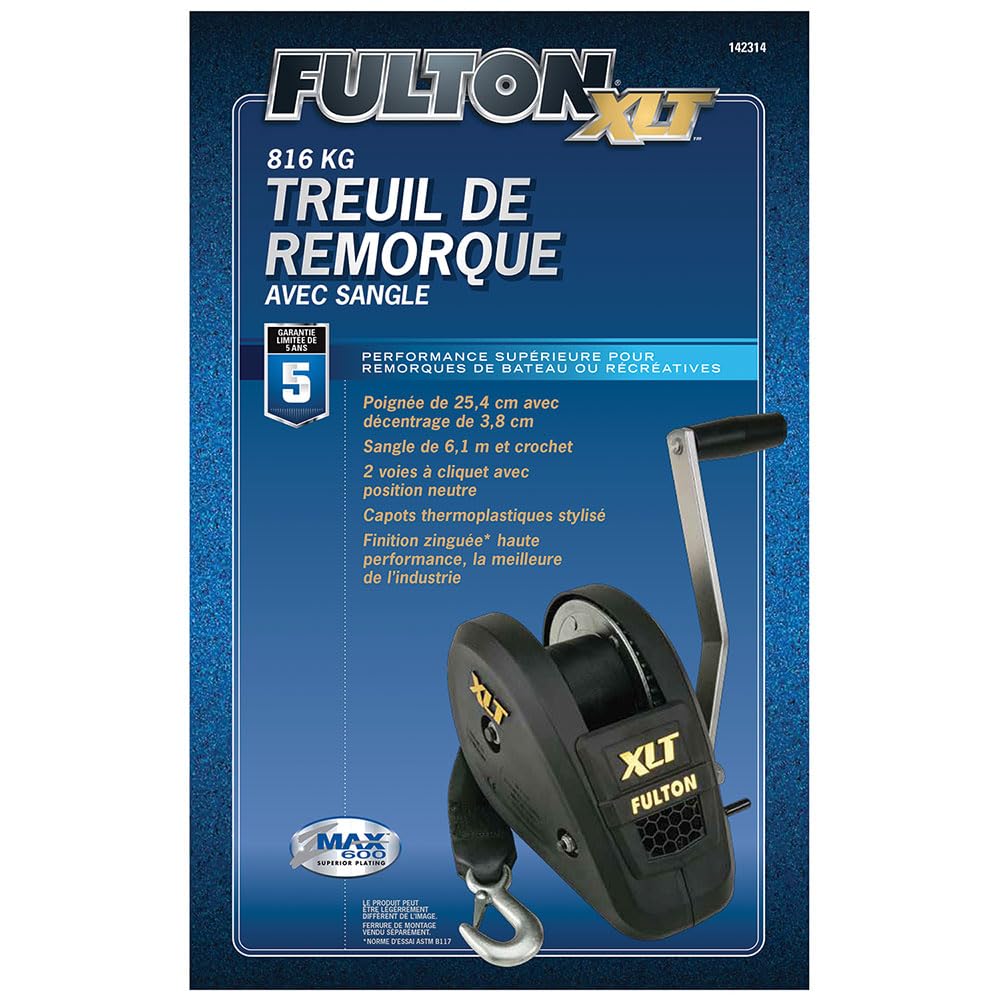 Fulton 142314 Xlt Boat Trailer Winch With 20 Foot Winch Strap With Hook, 1,800 Lbs. Capacity, Single-Speed Hand Crank Winch, Sol,WBAUVB06VX6646L