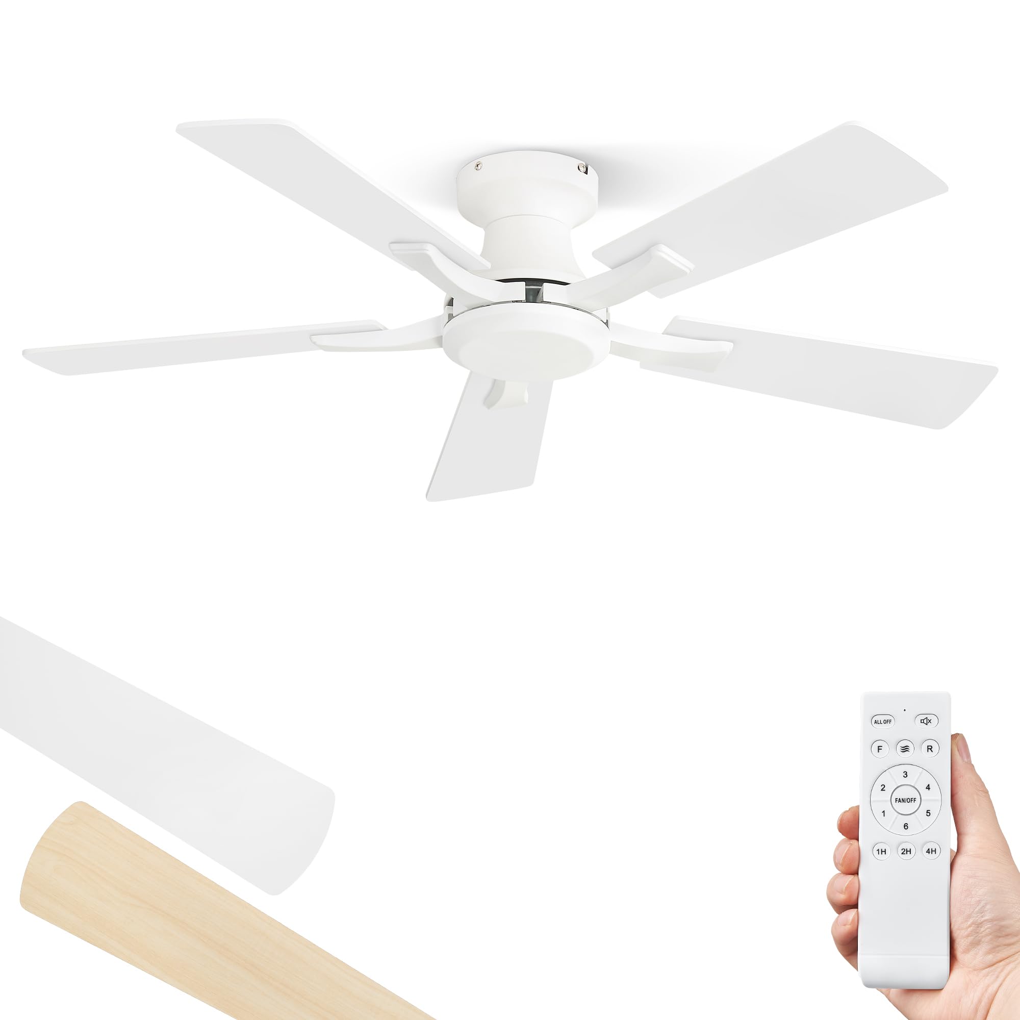ZMISHIBO 42 Inch Ceiling Fan No Light, Flush Mount Low Profile, Modern White Ceiling Fan Without Light, Remote Control & Quiet D