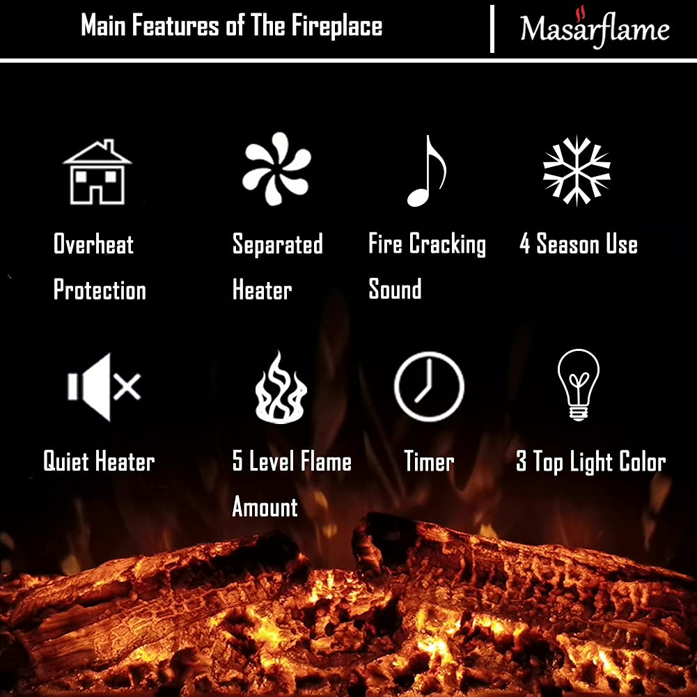 Masarflame 30'' Electric Fireplace Insert, Retro Recessed Fireplace Heater With Fire Cracking Sound, Remote Control & Timer, 750