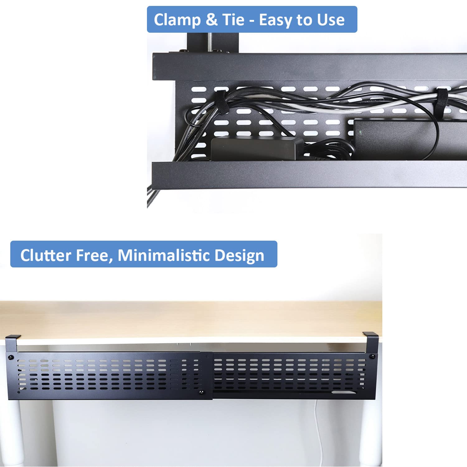 Aeons Under Desk Cable Management Tray Kit   Horizontal Adjustable Up Tp 41� Desk Organizer Removable C Clamp Mount Reversiable Computer Cord Raceway And Modesty Panel For Large Desk, Black