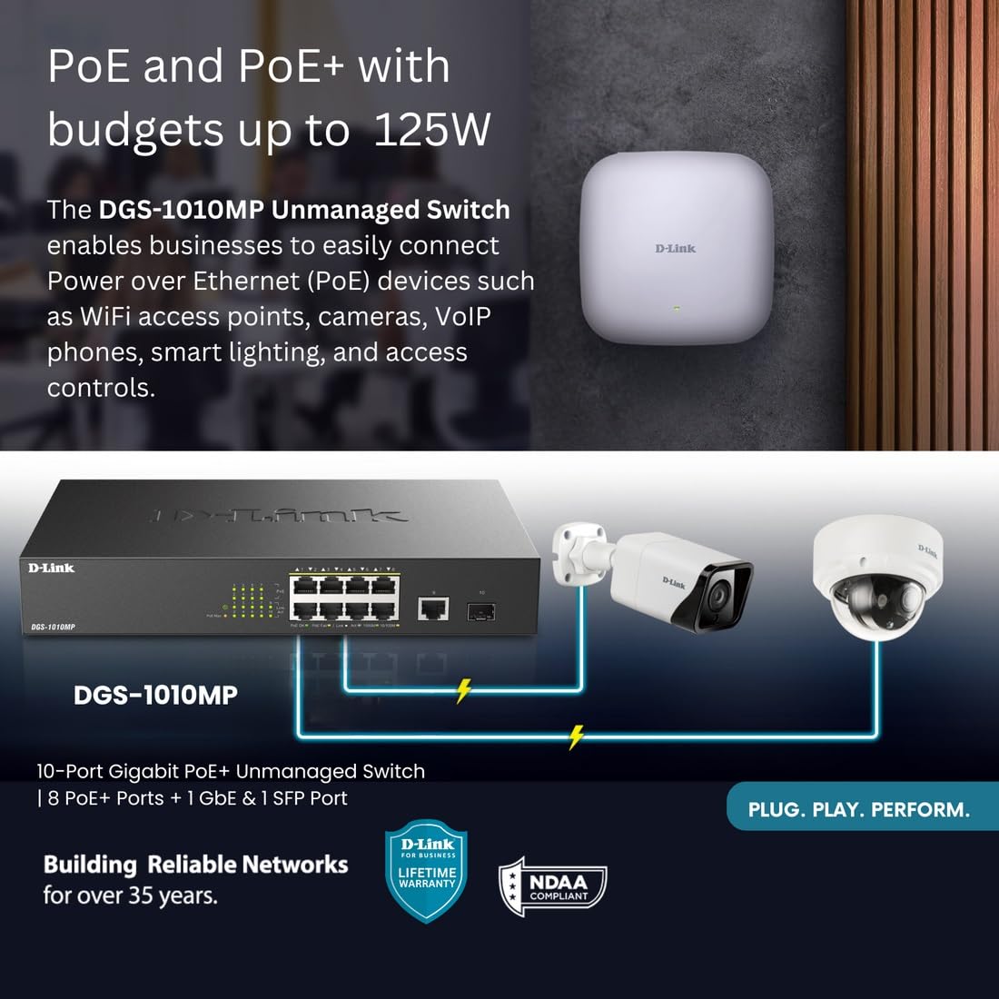 D Link Poe Switch, 8 10 Port Unmanaged W/ 1 Gigabit Ethernet Port & 1 Sfp Uplink Port, 125W Poe Budget Fanless Rackmount Plug N