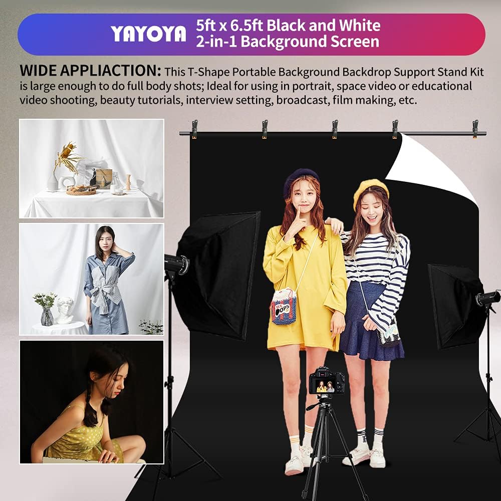 Black White Backdrop Screen With Stand Kit 5X6.5Ft For Photo Video Studio, 2 In 1 Revisible Black Backdrop White Screen With T S