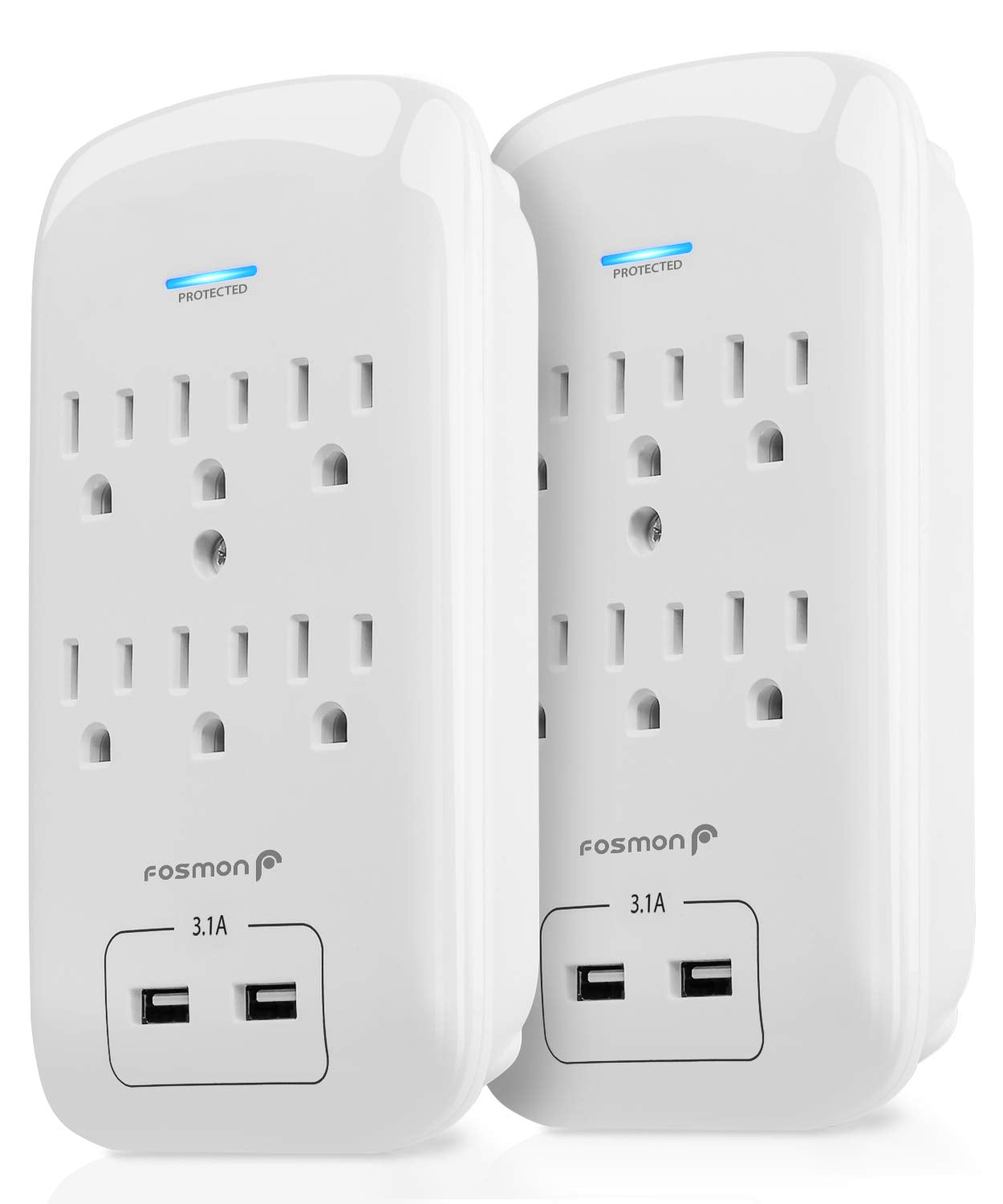 Fosmon 6 Outlet Surge Protector 1200 Joules With 2 Usb Ports Charger (3.1A), Multi Plug Outlet Extender 1875 Watt, 3 Prong Groun