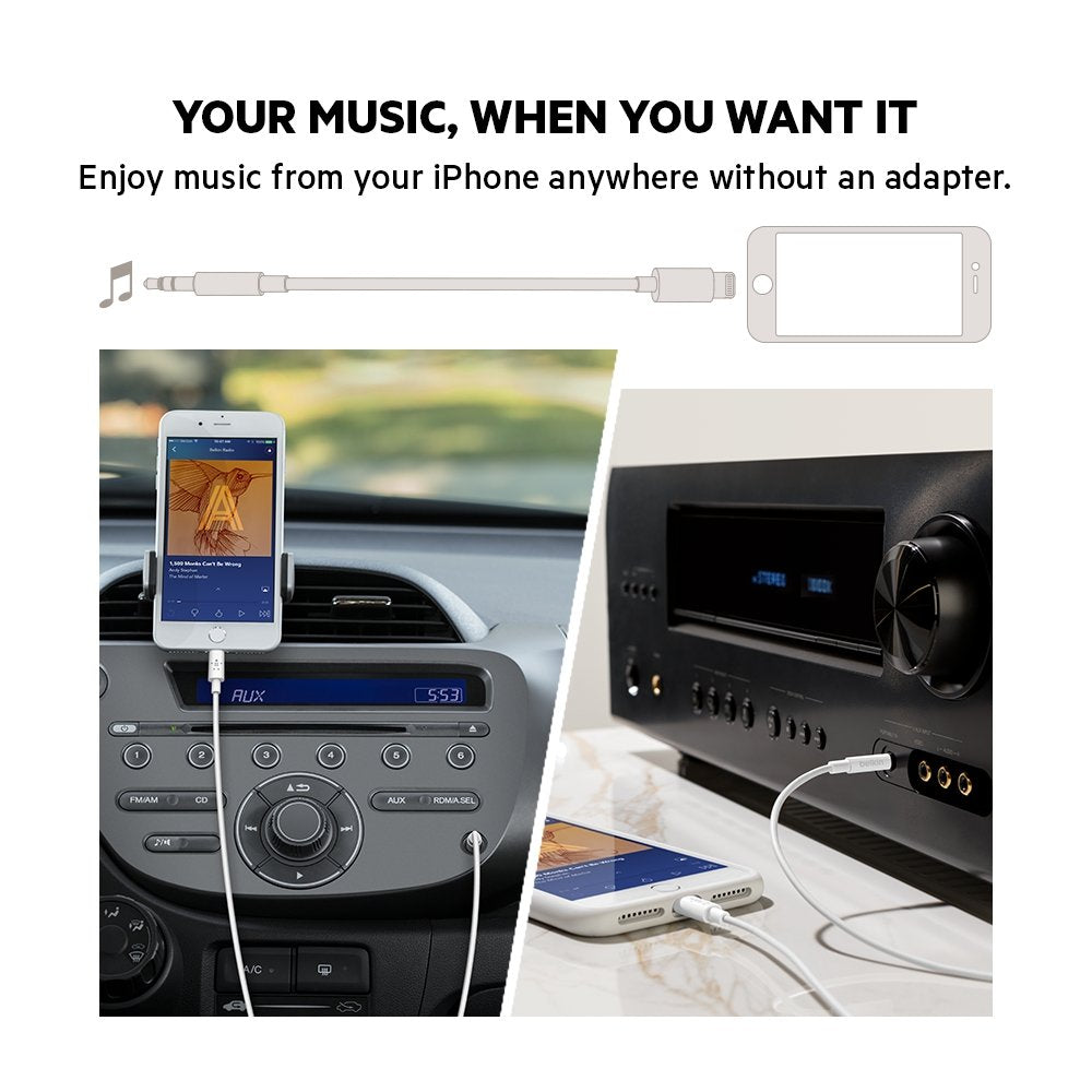 Belkin 3.5mm Audio Cable with Lightning Connector, 6ft Durable AUX Cable for iPhone, iPad, and iPod   Connects to Car Stereo, Headphones, and Speakers   MFi Certified for Apple Devices   Black