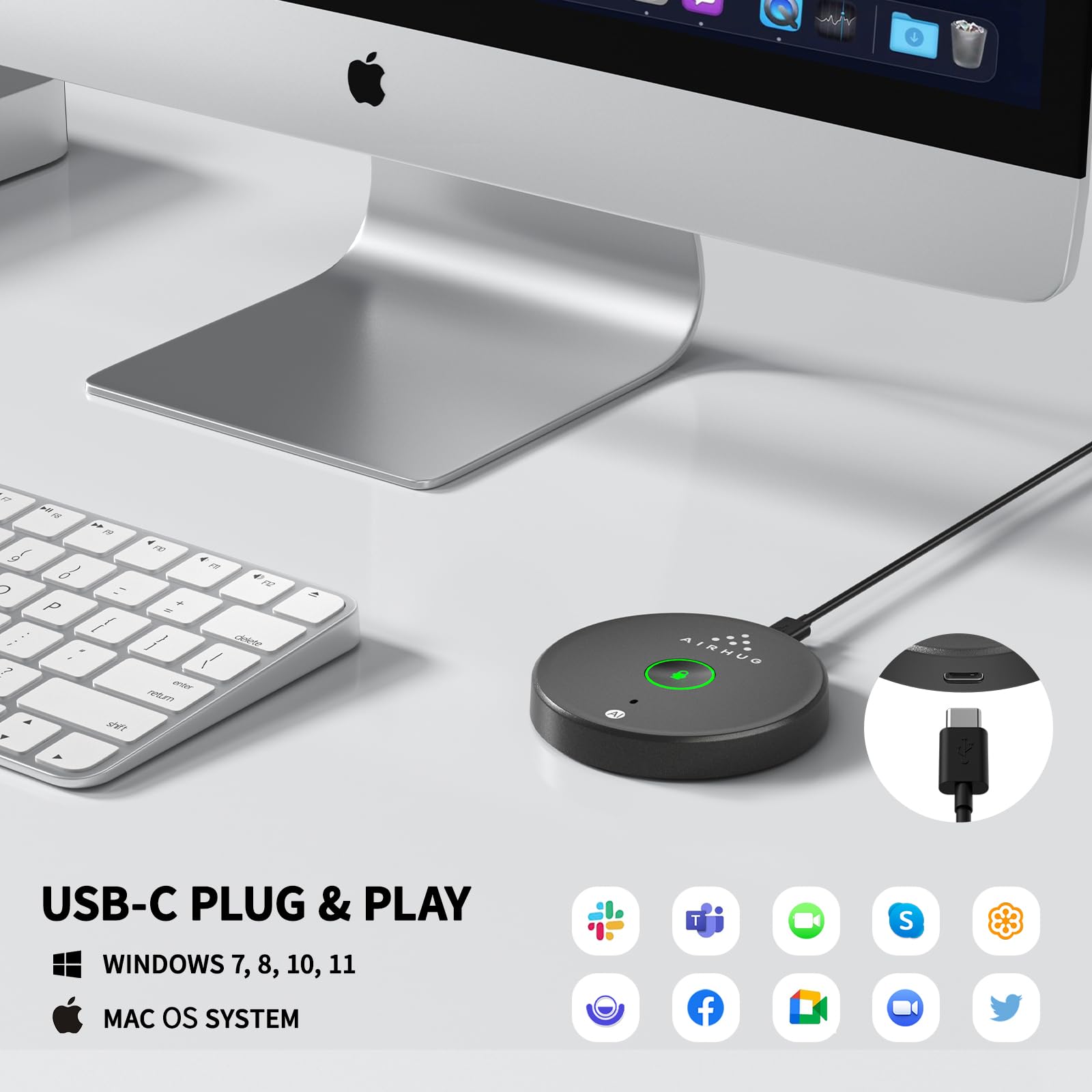 Airhug Usb Microphone,Desktop Computer Mic, Mute Button With Led Indicator,Ai Noise Reduction,Plug & Play Omnidirectional Conden