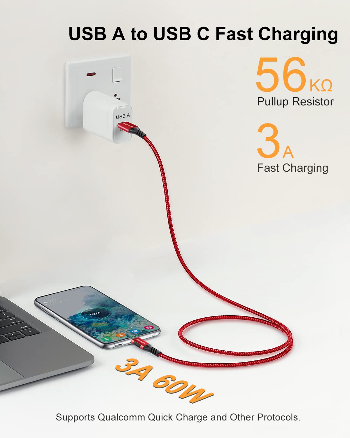 Aoybevty Usb A To Usb C Cable 3.3Ft+6.6Ft (Red), 10Gbps Data Transfer And 60W 3A Fast Charging Cable, Usb C 3.1/3.2 Cable For Sa