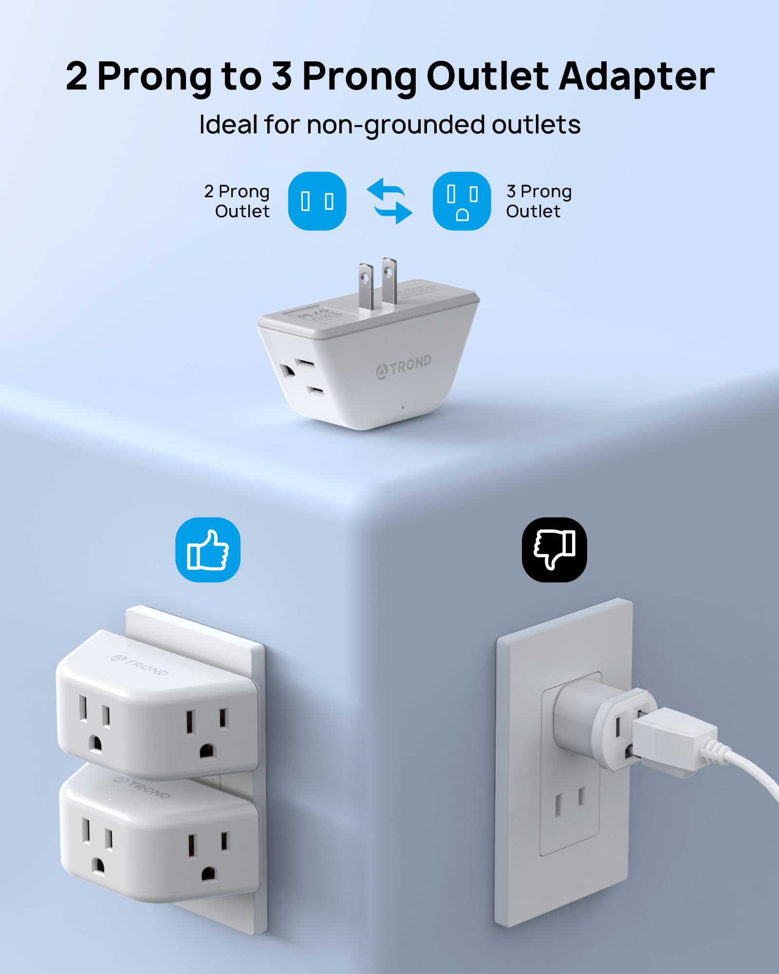 Trond 2 Prong To 3 Prong Outlet Adapter 2 Pack, 3 Way Angled Wall Extender With 3 Ac Sockets, Plug Expander For Non Grounded Out
