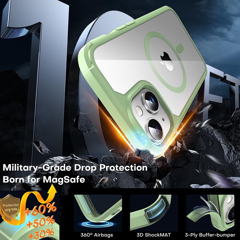 Tauri 3 In 1 Magnetic For Iphone 15 Case Green, [Compatible With Magsafe] [Not Yellowing] With 2X Screen Protector, Slim Shockpr