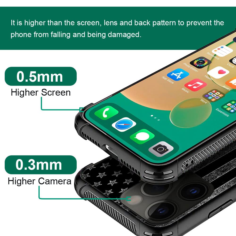 ZHEGAILIAN iPhone 14 Pro Max Case Black White American Flag Shock-Absorbent TPU Tempered Glass 6.7-inch