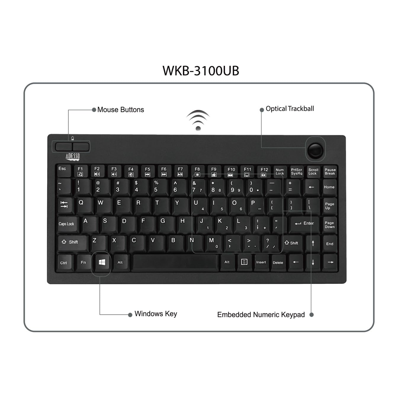 Adesso Wkb 3100Ub Wireless Mini Trackball Keyboard   Compact 87 Key Layout, Built In 800 Dpi Optical Trackball, 24Ghz Rf Wireles