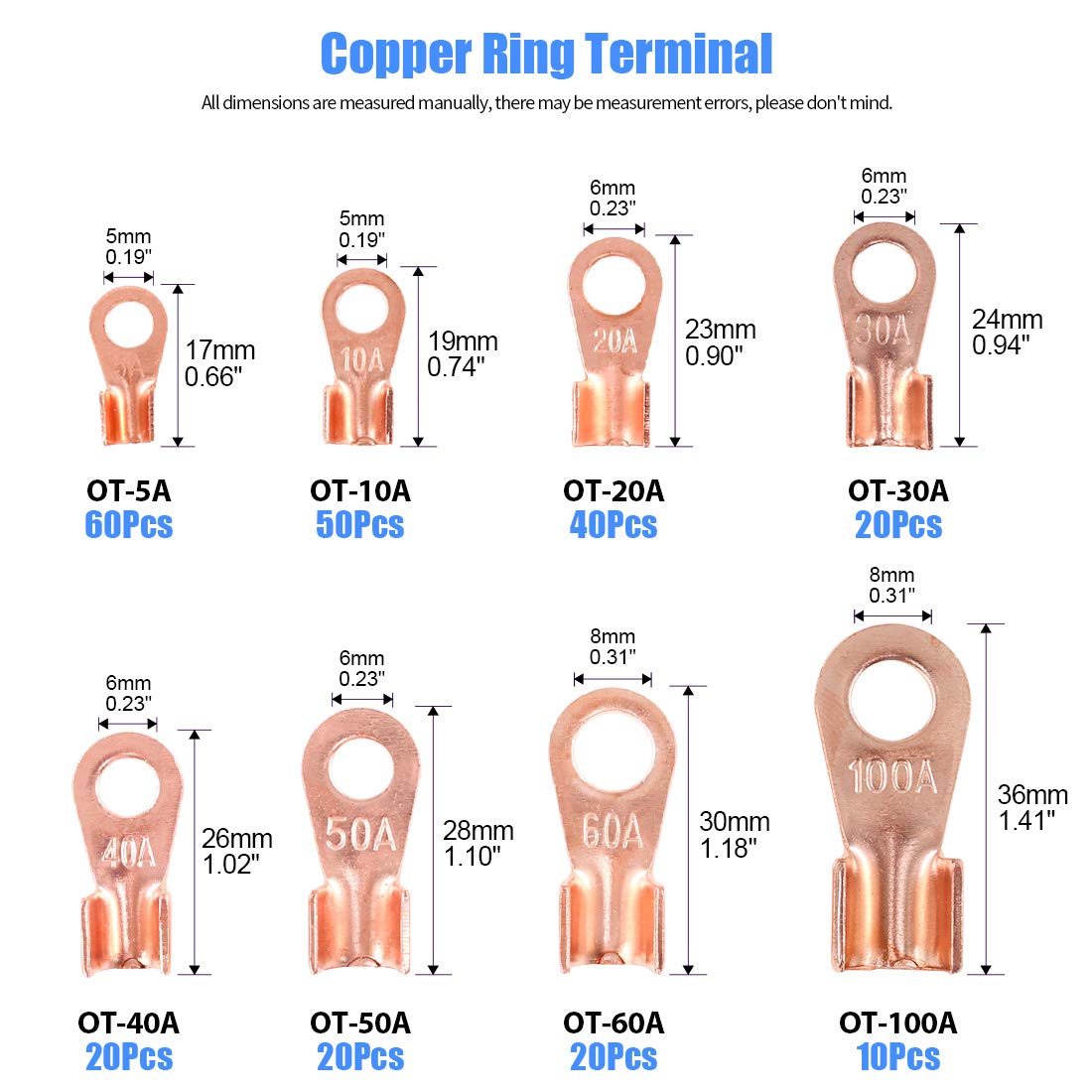 Glarks 300Pcs Open Barrel Wire Crimp Copper Ring Lugs Wire Crimp Terminal Connectors Ot 5A 10A 20A 30A 40A 50A 60A 100A With Hea