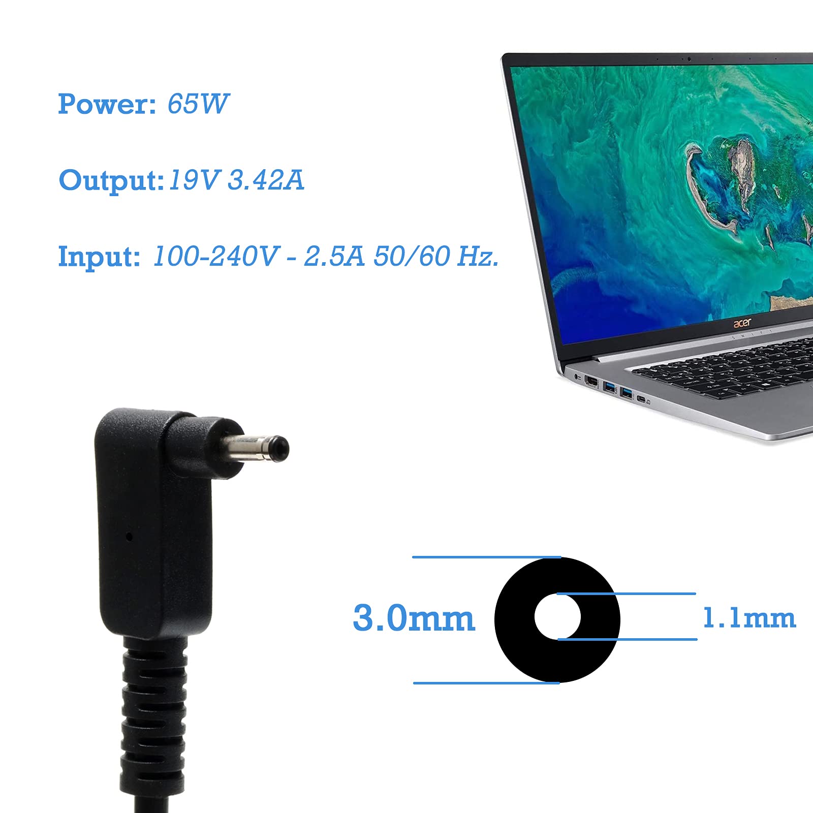 19V 3.42A 65W Chromebook Charger For Acer Chromebook 11 R11 13 14 15 Cb3 Cb5 Cb3 532 Cb3 111 Cb3 131 Cb3 431 Cb5 571 Cb5 132T C7